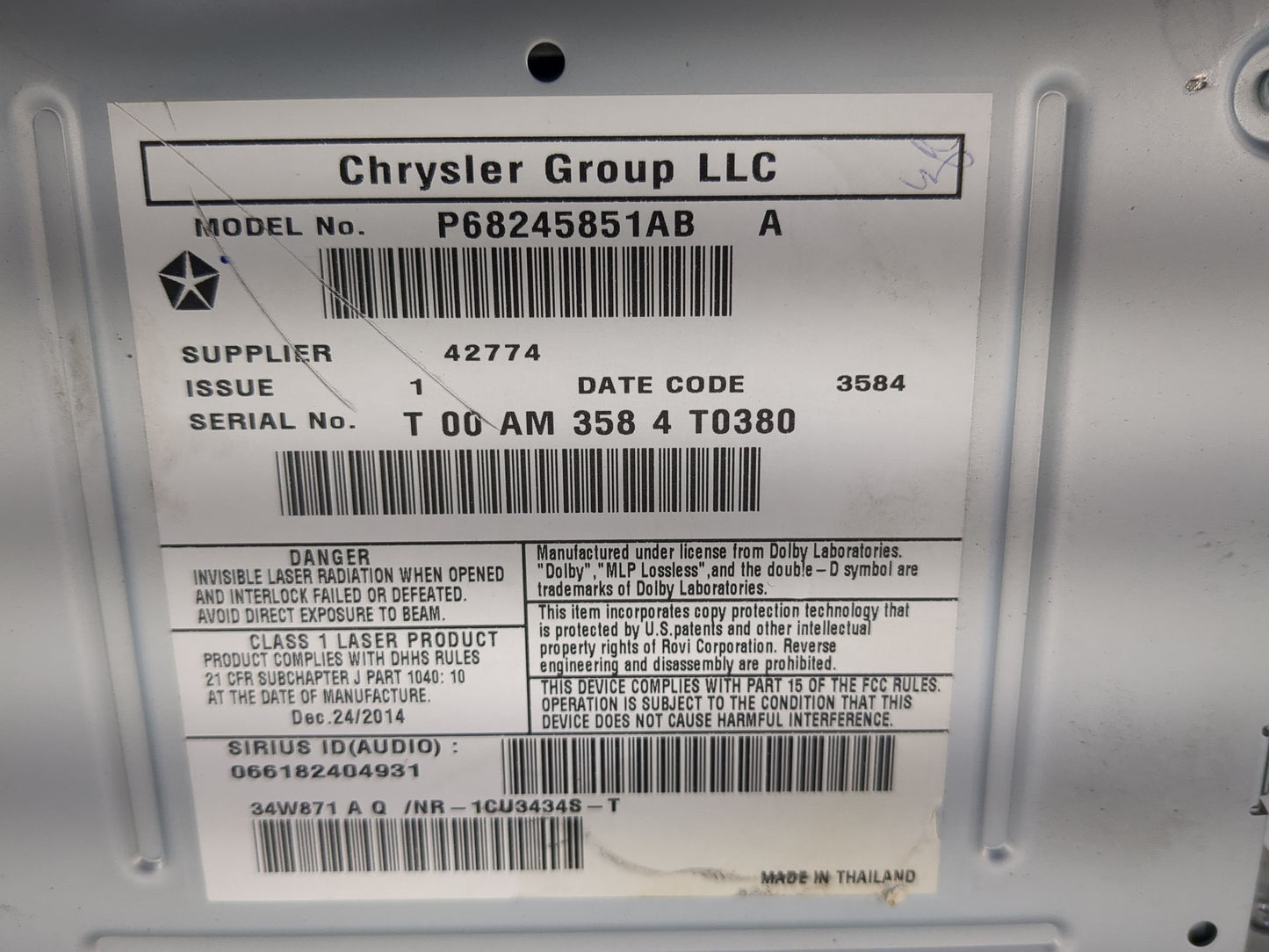 2012-2016 Chrysler Town & Country Radio AM FM Cd Player Receiver Replacement P/N:68245851AB Fits OEM Used Auto Parts - Oemus