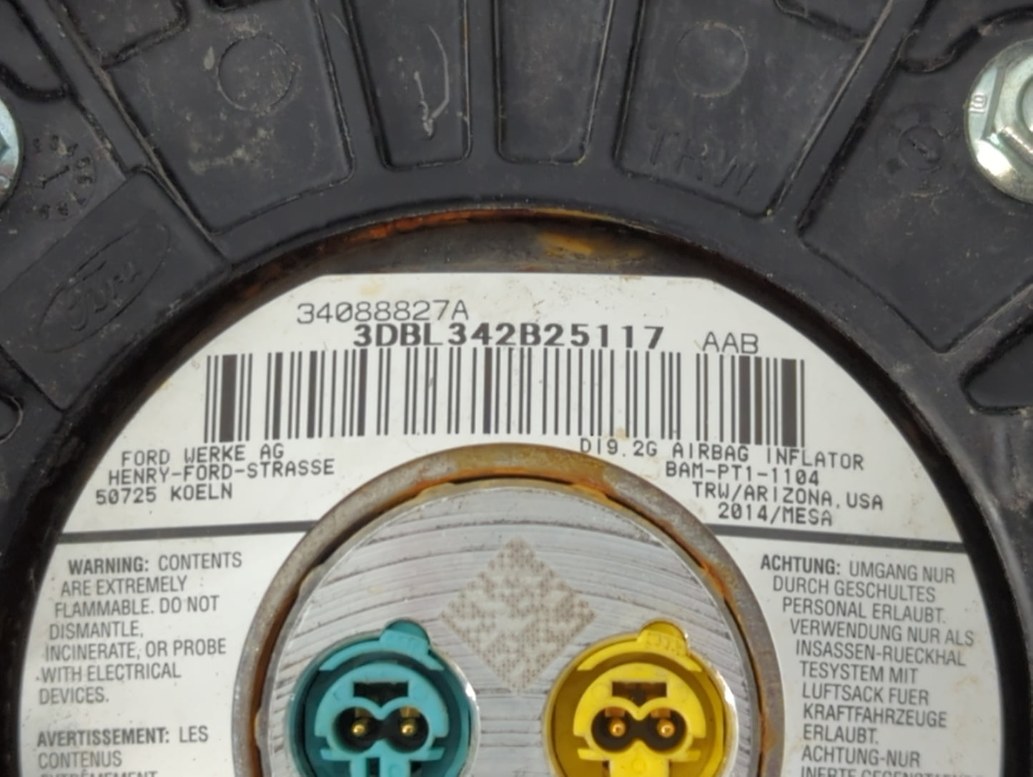 2015-2016 Ford Escape Air Bag Driver Left Steering Wheel Mounted P/N:3DBL 342B25117 AAB 34088827A Fits Fits 2015 2016 OEM Us