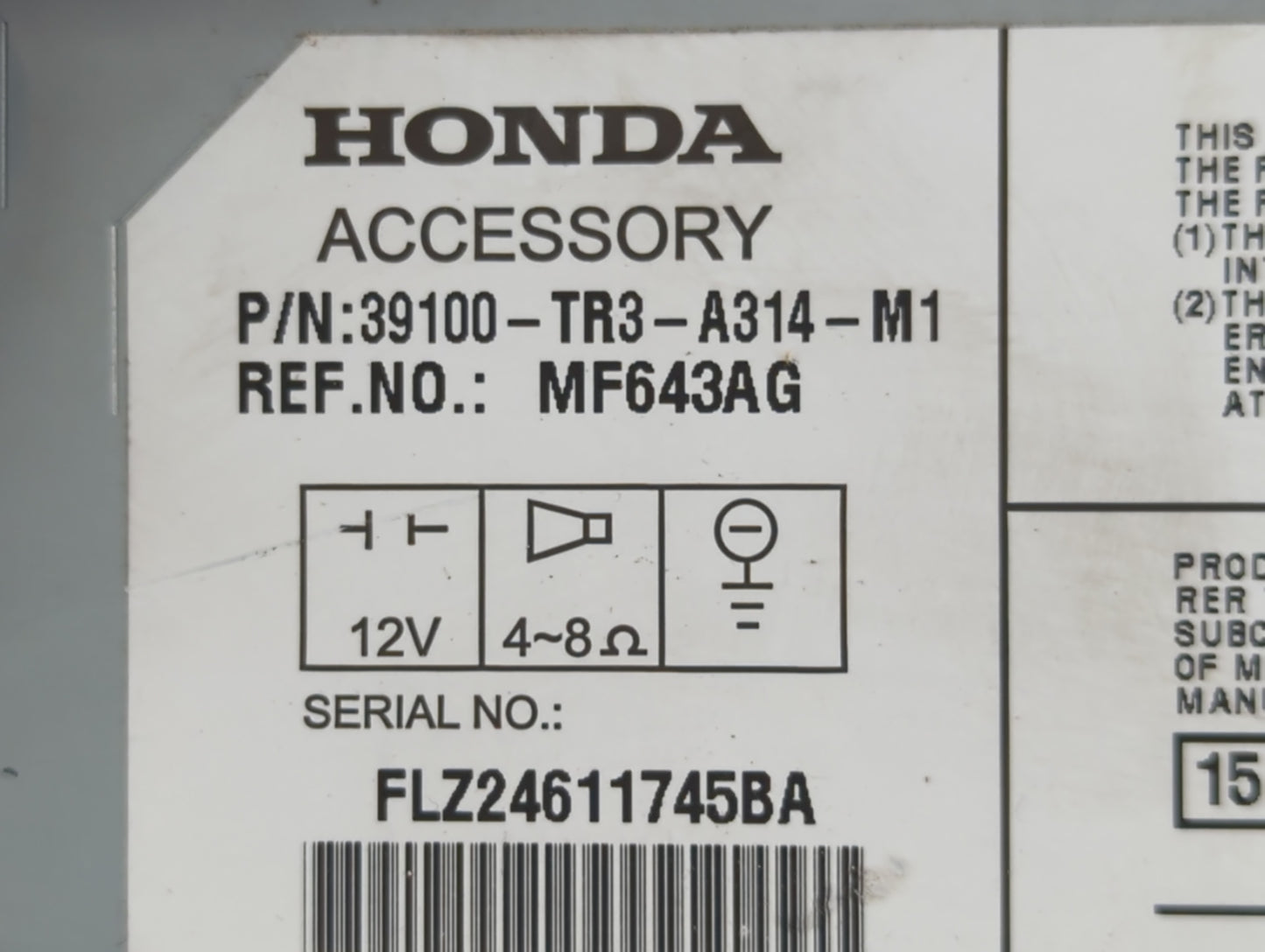 2014-2015 Honda Civic Radio AM FM Cd Player Receiver Replacement P/N:39100-TR3-A314-M1 Fits Fits 2014 2015 OEM Used Auto Par