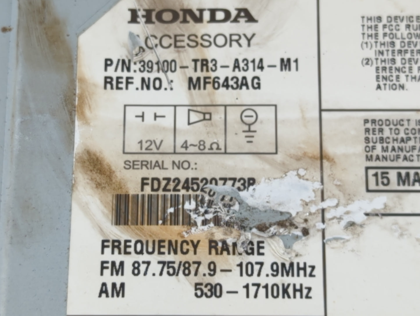 2013-2015 Honda Civic Radio AM FM Cd Player Receiver Replacement P/N:39100-TR3-A314-M1 Fits Fits 2013 2014 2015 OEM Used Aut