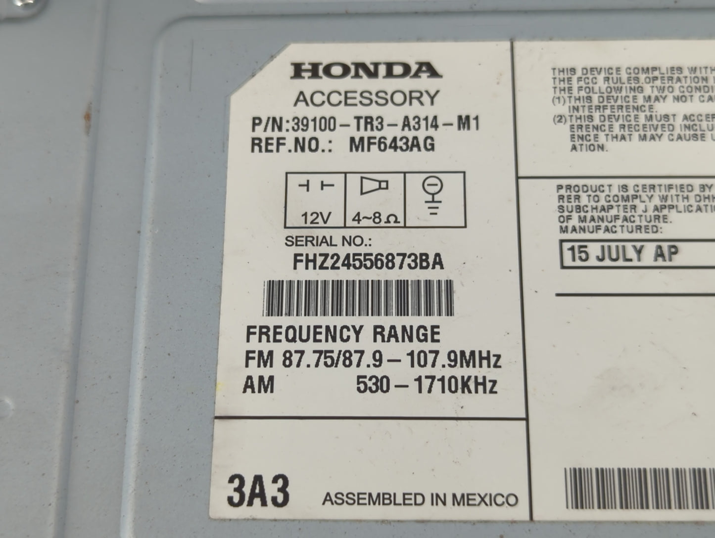 2013-2015 Honda Civic Am Fm Cd Player Radio Receiver - Oemusedautoparts1.com