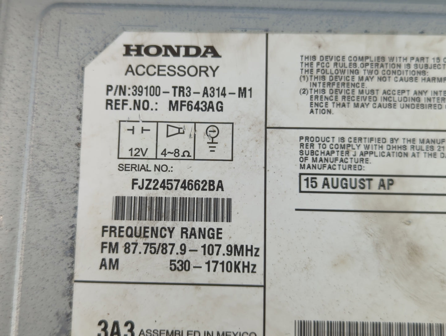 2015 Honda Civic Radio AM FM Cd Player Receiver Replacement P/N:39100-TR3-A314-M1 Fits Fits 2006 2007 2008 OEM Used Auto Par