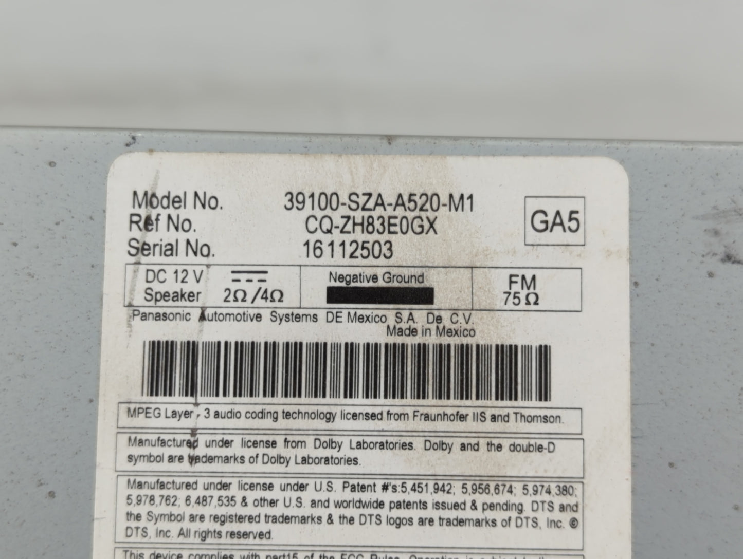 2012-2015 Honda Pilot Radio AM FM Cd Player Receiver Replacement P/N:39100-SZA-A520-M1 Fits Fits 2012 2013 2014 2015 OEM Use