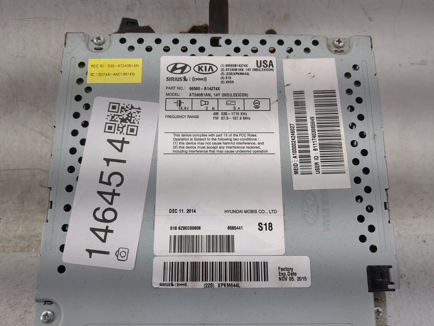 2015-2016 Hyundai Genesis Radio AM FM Cd Player Receiver Replacement P/N:96560-B14274X AT240B1AN, XPKM644L Fits Fits 2015 20