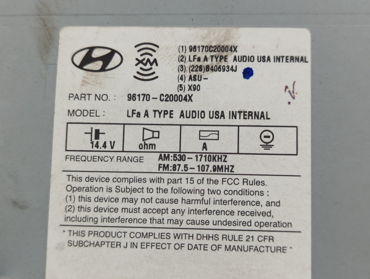 2015 Hyundai Sonata Radio AM FM Cd Player Receiver Replacement P/N:96170-C20004X Fits OEM Used Auto Parts - Oemusedautoparts