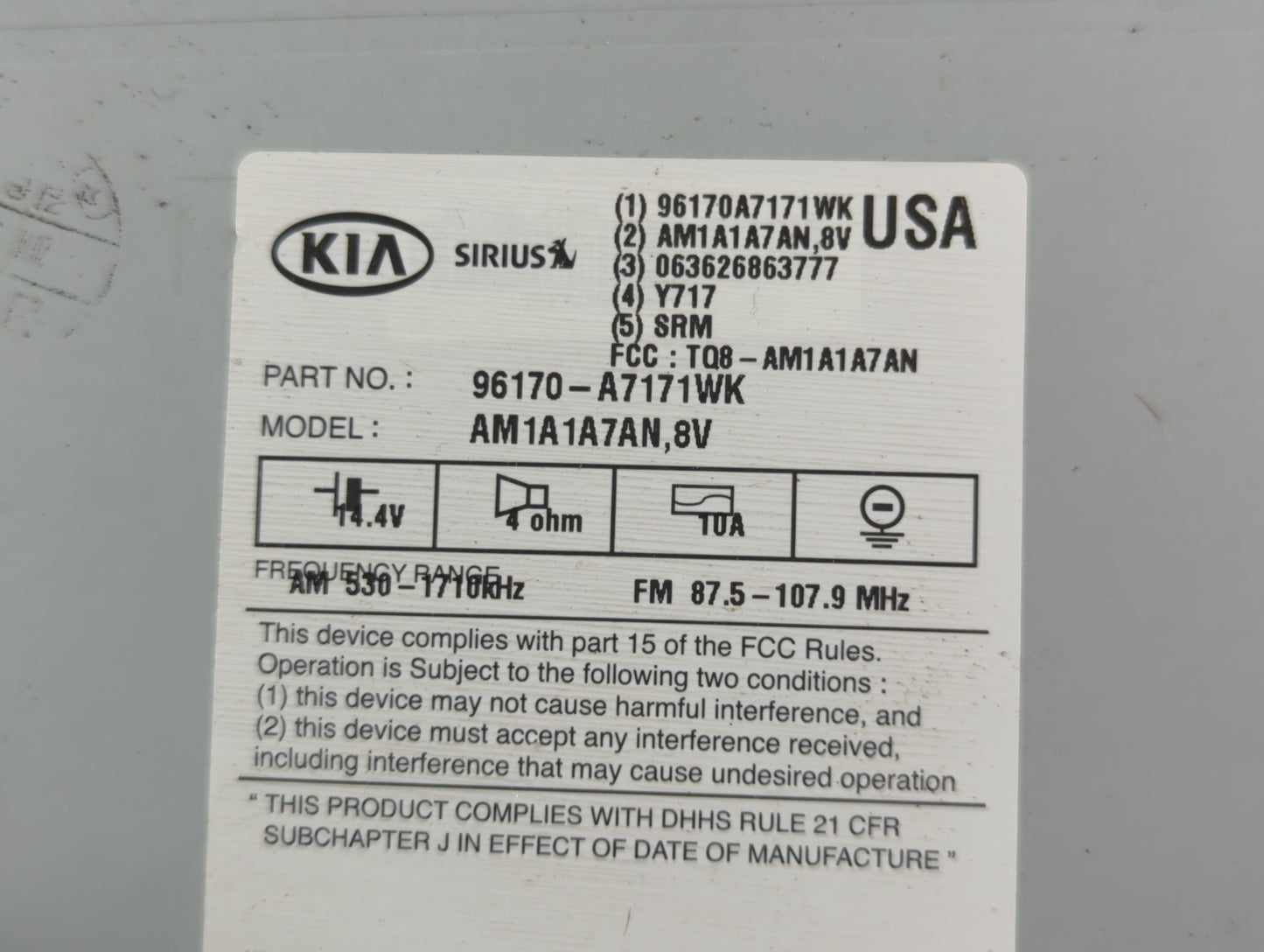 2014-2016 Kia Forte Radio AM FM Cd Player Receiver Replacement P/N:96170-A7171WK Fits Fits 2014 2015 2016 OEM Used Auto Part