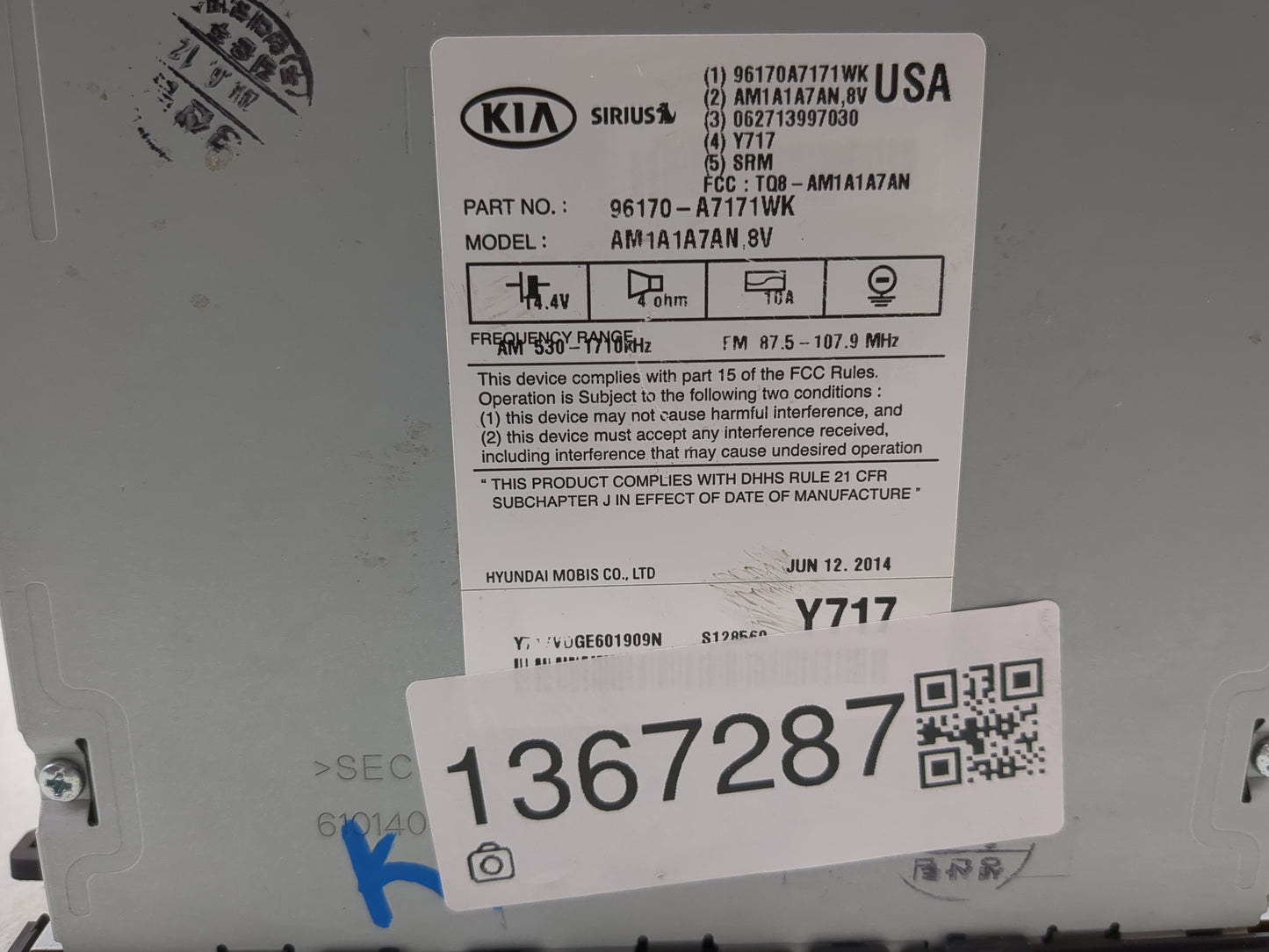 2014-2016 Kia Forte Radio AM FM Cd Player Receiver Replacement P/N:96170-A7171WK Fits Fits 2014 2015 2016 OEM Used Auto Part