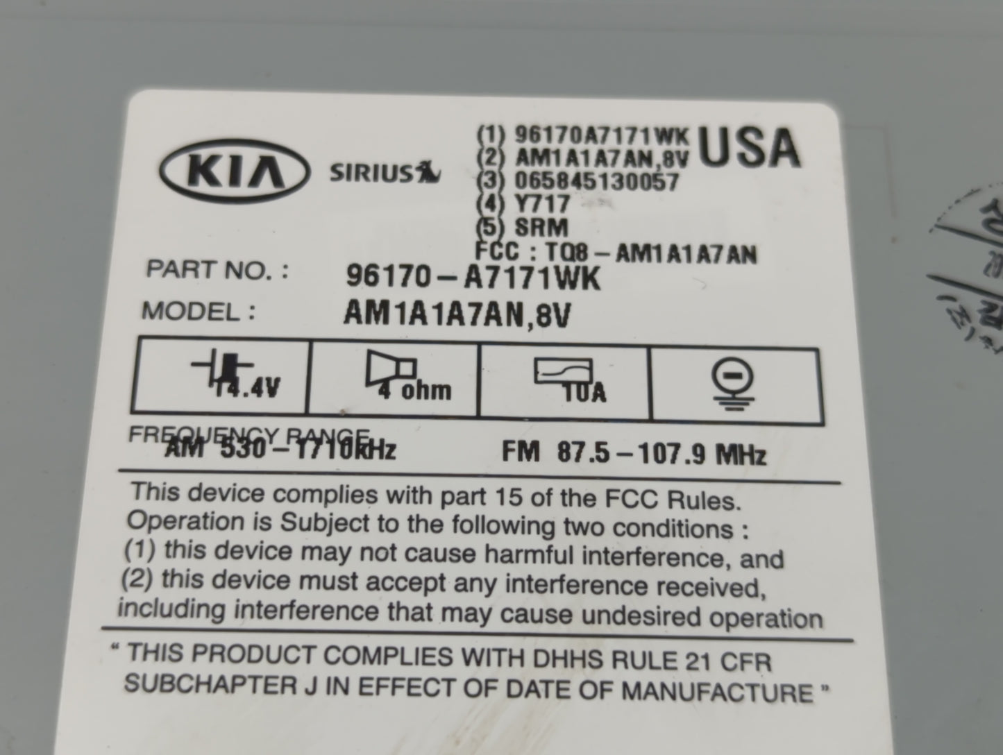 2014-2016 Kia Forte Radio AM FM Cd Player Receiver Replacement P/N:96170-A7171WK Fits Fits 2014 2015 2016 OEM Used Auto Part