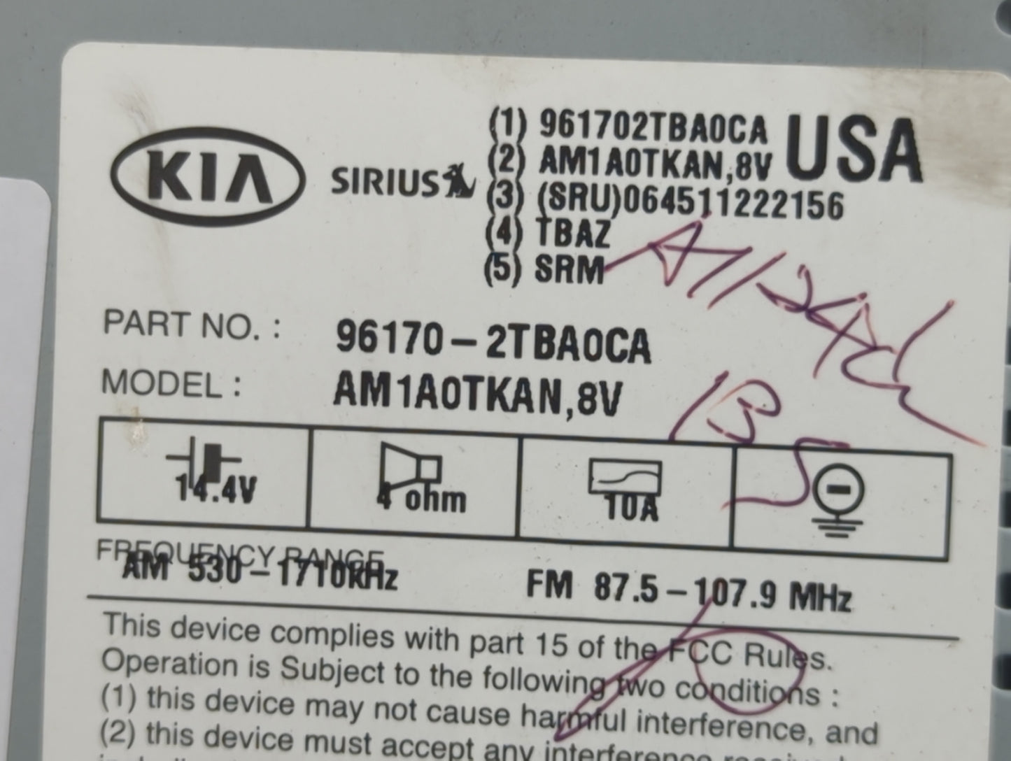 2014-2015 Kia Optima Radio AM FM Cd Player Receiver Replacement P/N:96170-2TBA0CA 961702TBA0CA, AM1A0TKAN,8V Fits Fits 2014