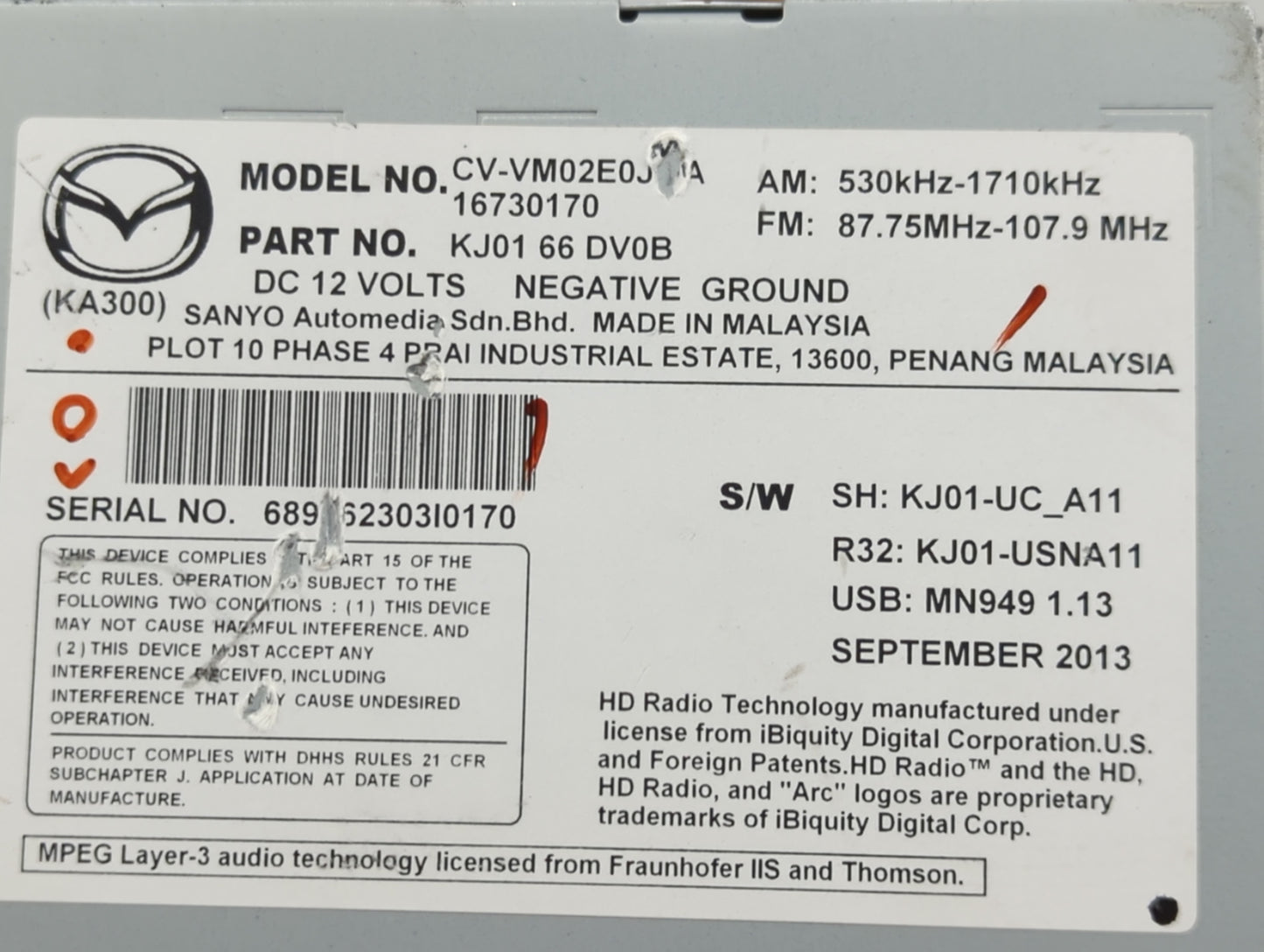 2013-2015 Mazda Cx-5 Radio AM FM Cd Player Receiver Replacement P/N:KJ01 66 DV0B KJ01 66 DV0C Fits Fits 2013 2014 2015 OEM U