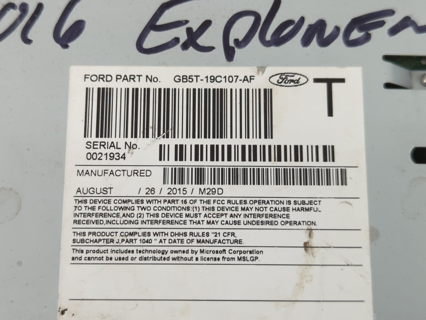 2016-2017 Ford Explorer Radio AM FM Cd Player Receiver Replacement P/N:GB5T-19C107-AF Fits Fits 2016 2017 OEM Used Auto Part