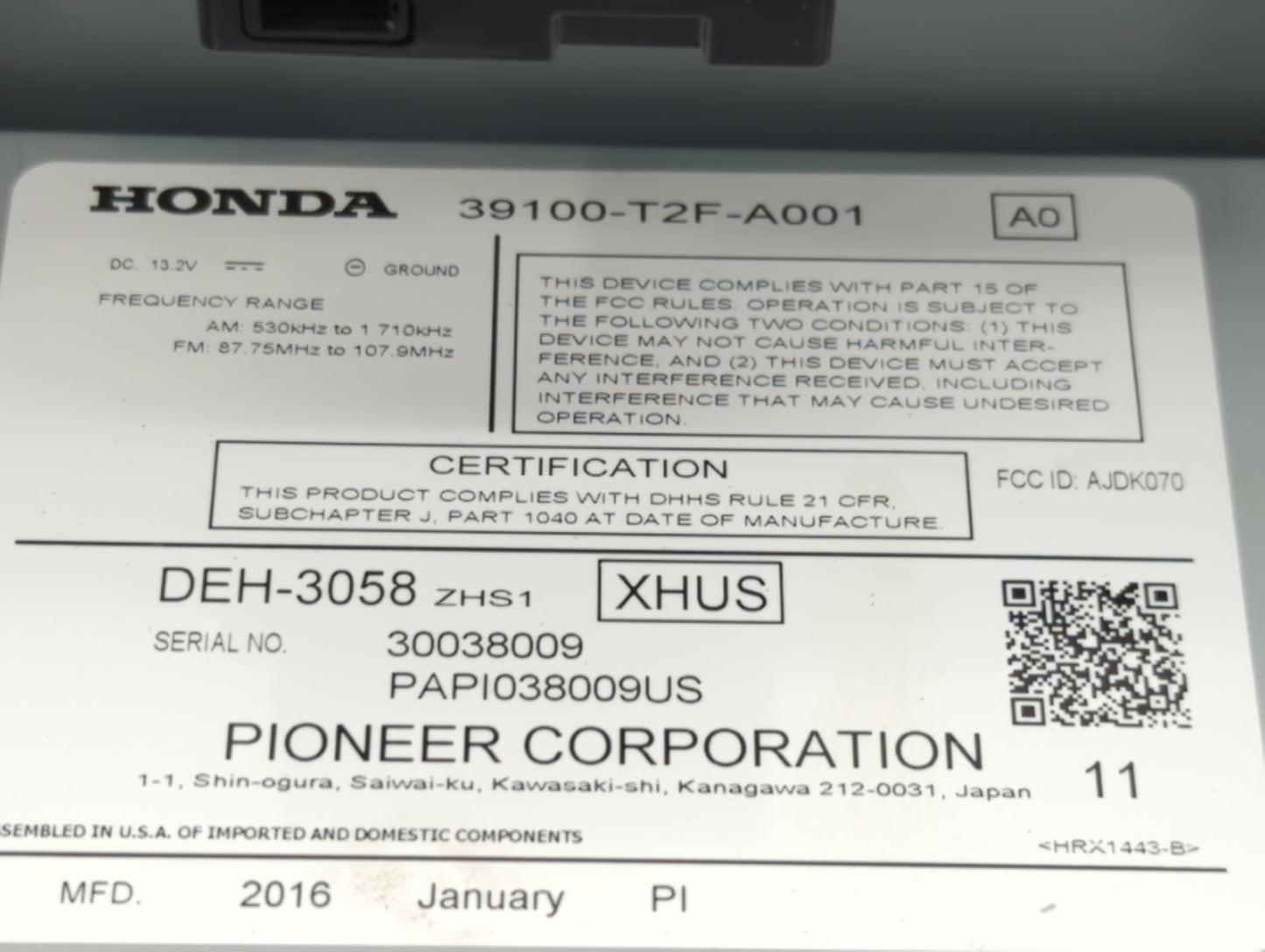 2016 Honda Accord Radio AM FM Cd Player Receiver Replacement P/N:39100-T2F-A001 Fits OEM Used Auto Parts - Oemusedautoparts1