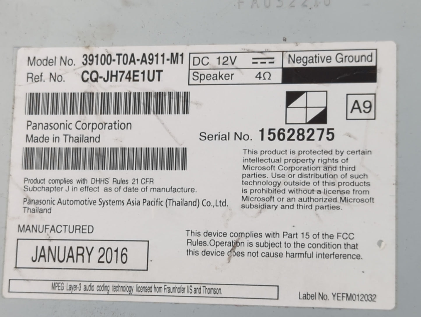 2015-2016 Honda Cr-V Radio AM FM Cd Player Receiver Replacement P/N:39100-T0A-A911-M1 Fits Fits 2015 2016 OEM Used Auto Part