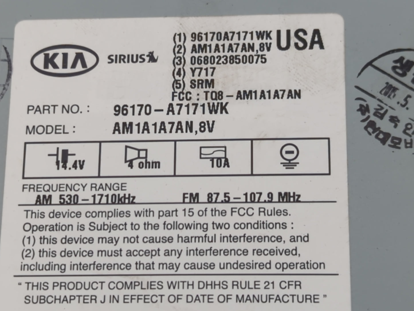 2014-2016 Kia Forte Radio AM FM Cd Player Receiver Replacement P/N:96170-A7171WK 96560-A7405WK Fits Fits 2014 2015 2016 OEM