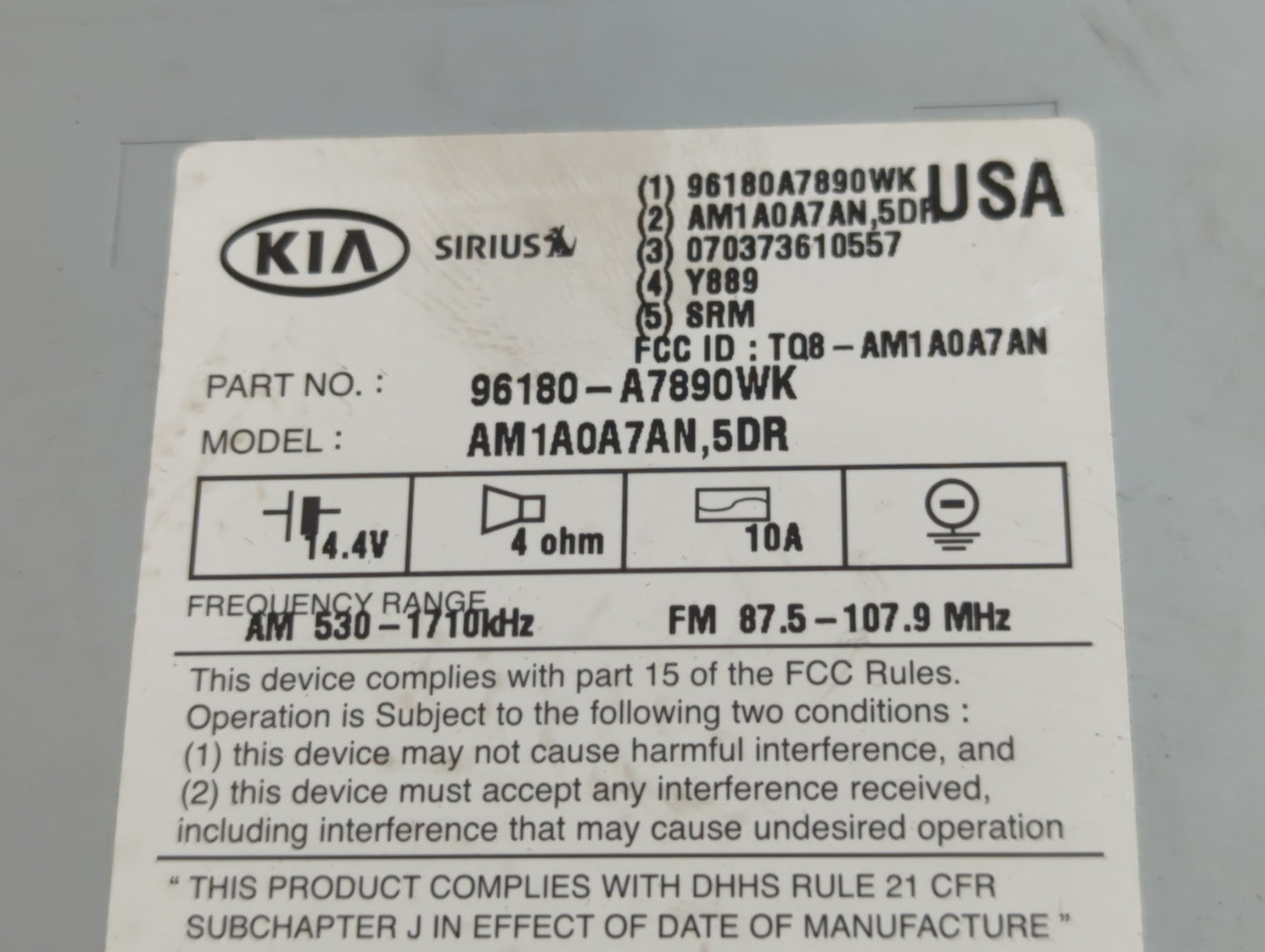2015-2016 Kia Forte Radio AM FM Cd Player Receiver Replacement P/N:96180-A7890WK Fits Fits 2015 2016 OEM Used Auto Parts - O