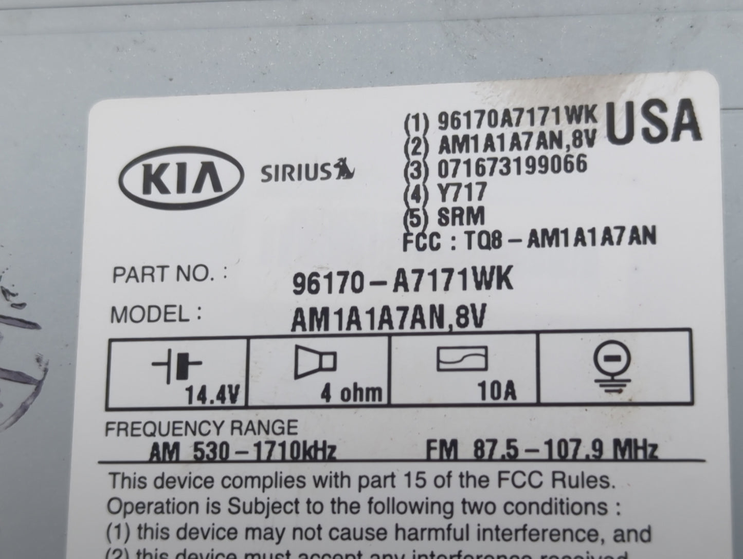 2014-2016 Kia Forte Radio AM FM Cd Player Receiver Replacement P/N:96170-A7171WK Fits Fits 2014 2015 2016 OEM Used Auto Part