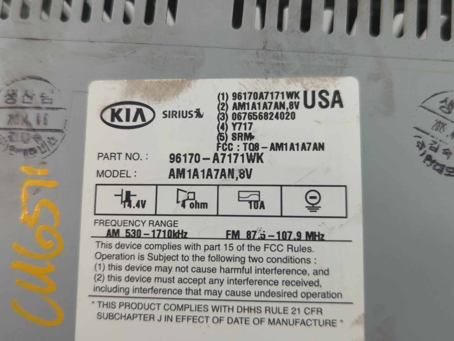 2014-2016 Kia Forte Radio AM FM Cd Player Receiver Replacement P/N:96170-A7171WK Fits Fits 2014 2015 2016 OEM Used Auto Part