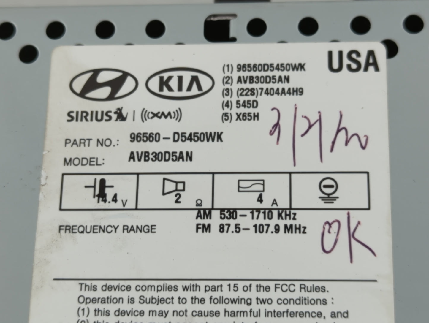 2016-2018 Kia Optima Radio AM FM Cd Player Receiver Replacement P/N:96560-D5450WK Fits Fits 2016 2017 2018 OEM Used Auto Par