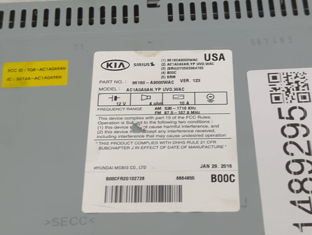 2015-2016 Kia Sedona Radio AM FM Cd Player Receiver Replacement P/N:96160-A9000WAC AC1A0A9AN, TQ8-AC1A0A9AN Fits Fits 2015 2