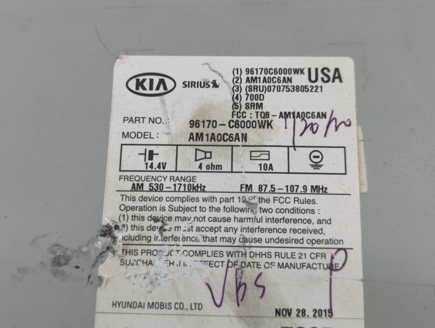 2016-2018 Kia Sorento Radio AM FM Cd Player Receiver Replacement P/N:96170-C6000WK Fits Fits 2016 2017 2018 OEM Used Auto Pa