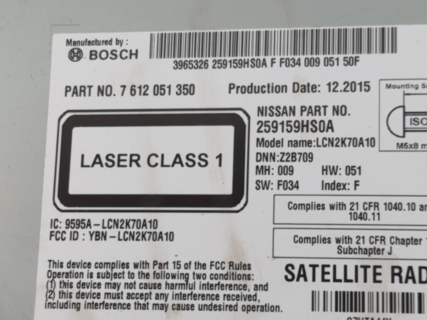 2016 Nissan Altima Radio AM FM Cd Player Receiver Replacement P/N:259159HS0A Fits OEM Used Auto Parts - Oemusedautoparts1.co