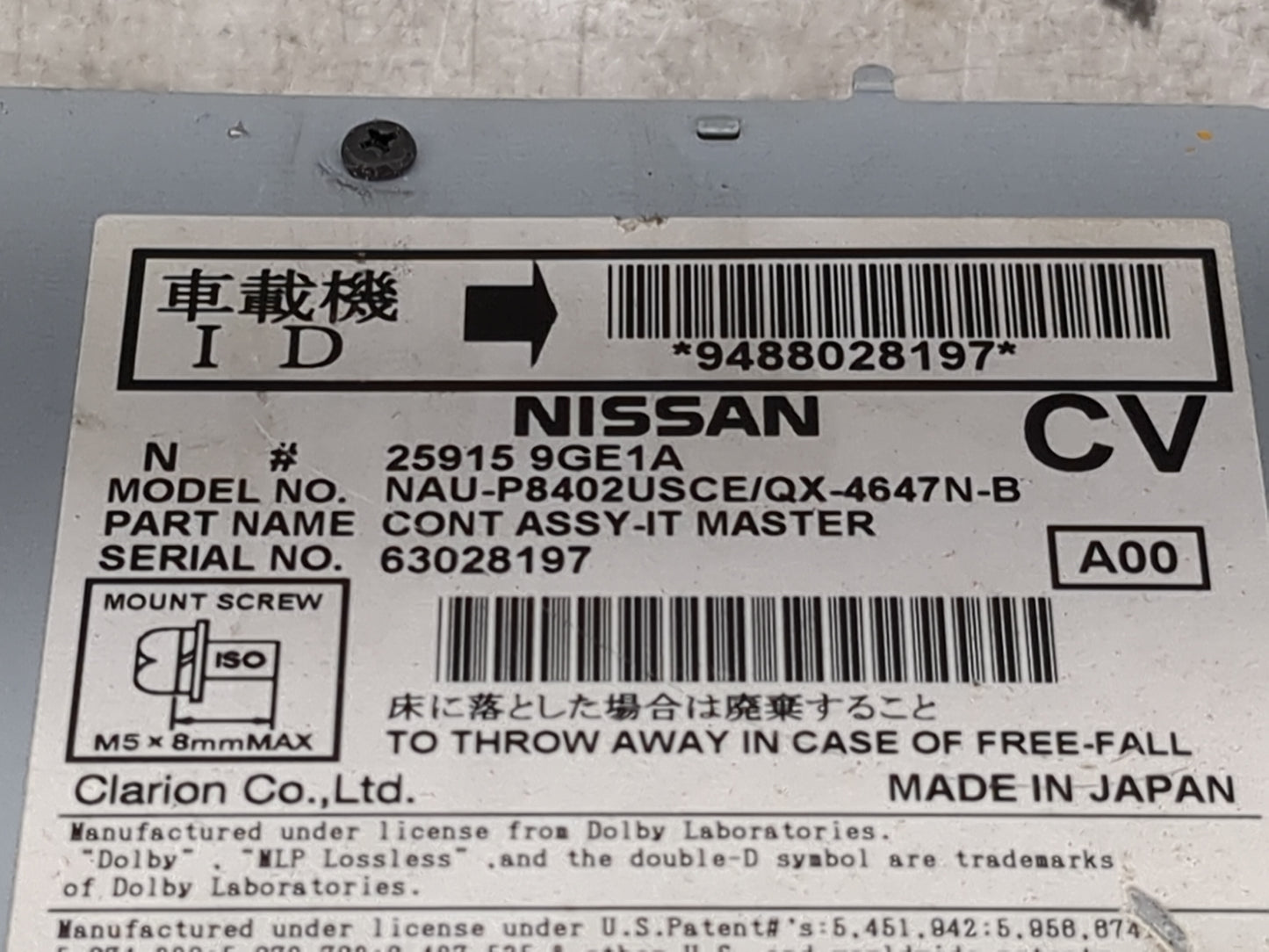 2016 Nissan Pathfinder Radio AM FM Cd Player Receiver Replacement P/N:25915 9GE1A NAU-P8402USCE/QX-4647N-B Fits Fits 2017 OE