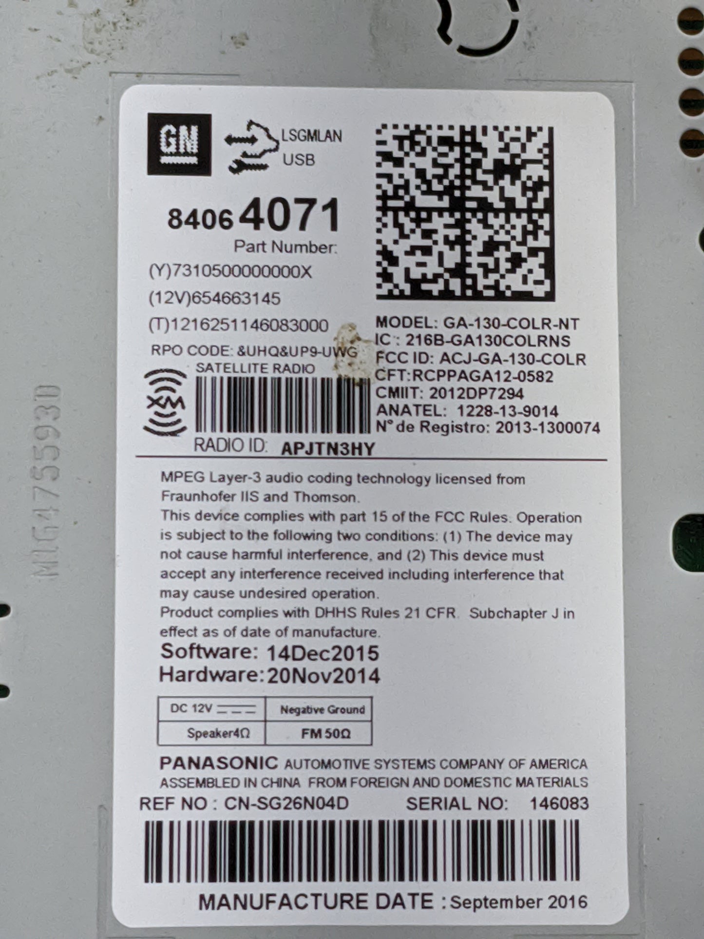 2016-2017 Chevrolet Equinox Radio AM FM Cd Player Receiver Replacement P/N:84064071 GA-130-COLR-NT Fits Fits 2014 2015 2016