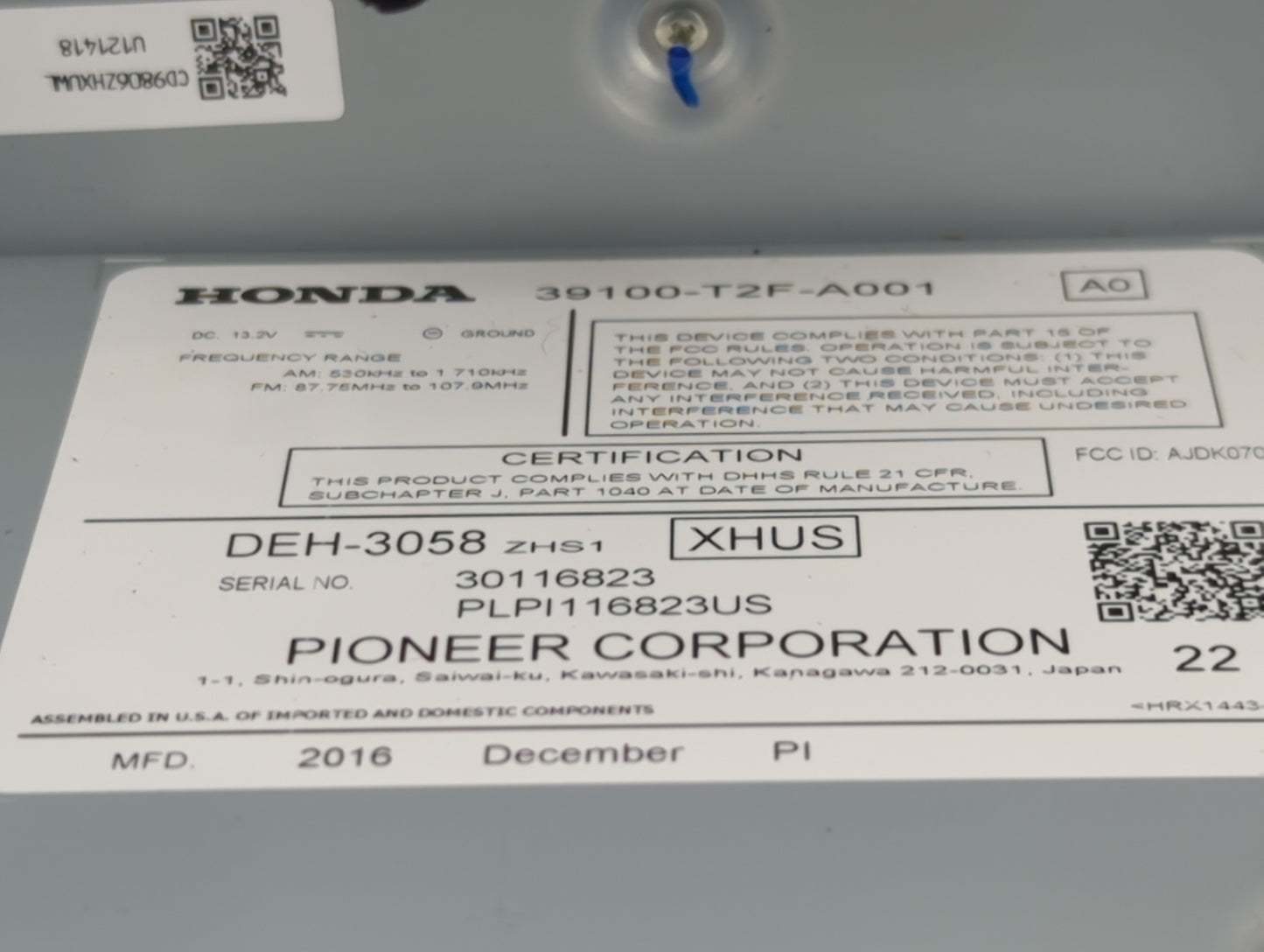 2016-2017 Honda Accord Radio AM FM Cd Player Receiver Replacement P/N:39100-T2F-A001 DEH-3058 Fits Fits 2016 2017 OEM Used A