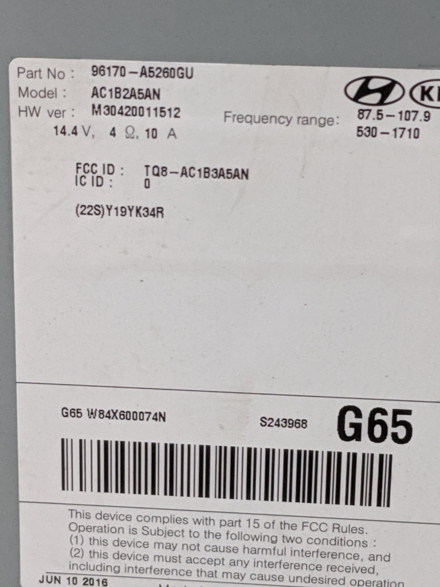 2016-2017 Hyundai Elantra Radio AM FM Cd Player Receiver Replacement P/N:96170-A5260GU AC1B2A5AN Fits Fits 2016 2017 OEM Use
