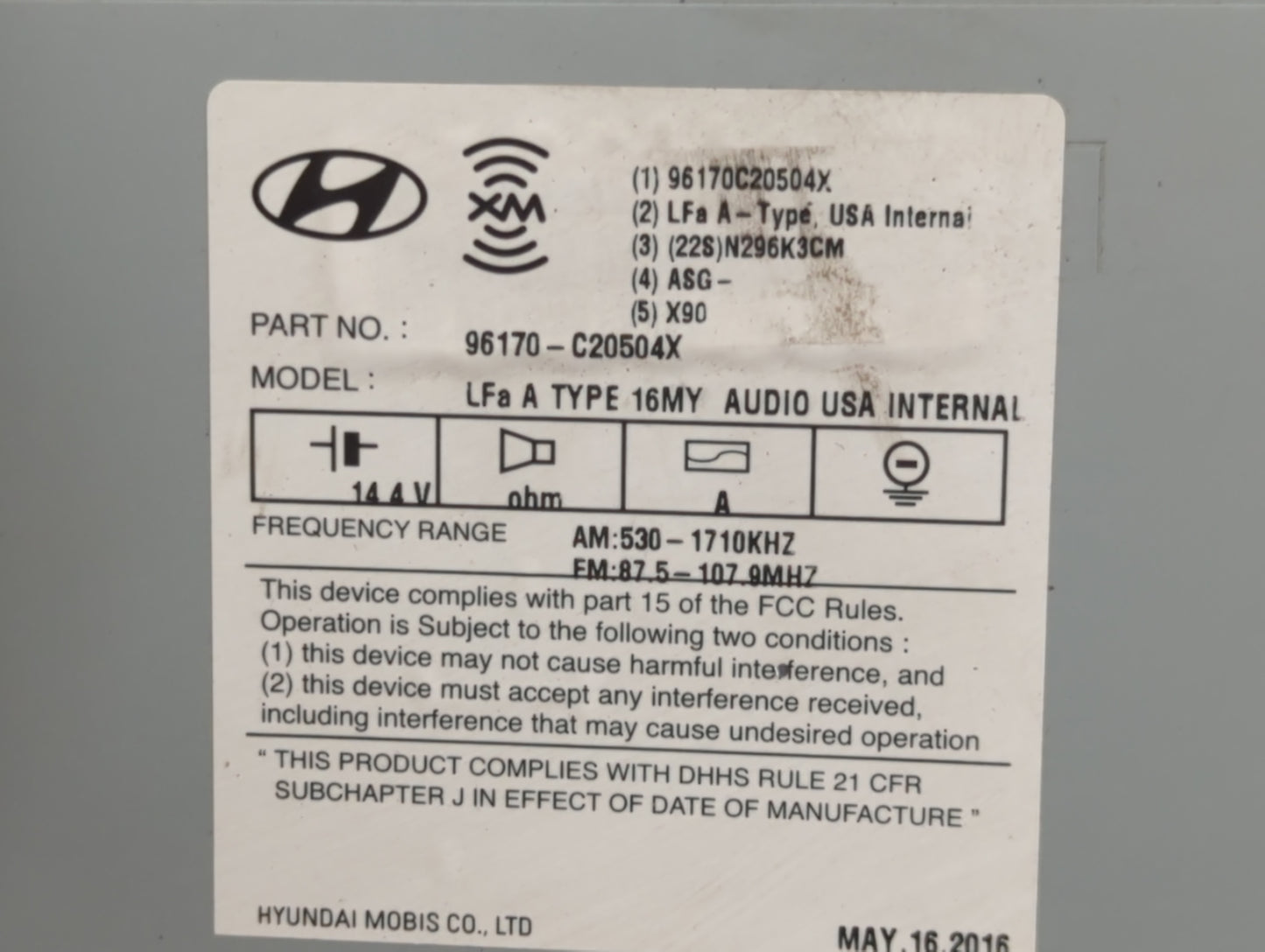2015-2017 Hyundai Sonata Radio AM FM Cd Player Receiver Replacement P/N:96170-C20504X Fits Fits 2015 2016 2017 OEM Used Auto