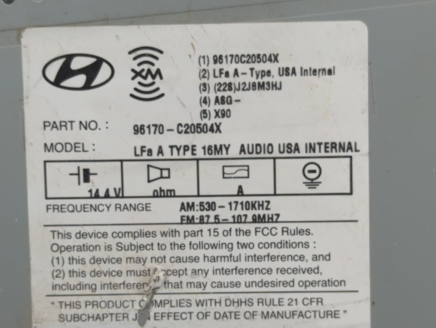 2015-2017 Hyundai Sonata Radio AM FM Cd Player Receiver Replacement P/N:96170-C20504X Fits Fits 2015 2016 2017 OEM Used Auto