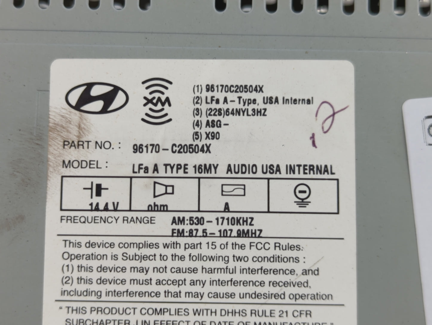 2016-2017 Hyundai Sonata Radio AM FM Cd Player Receiver Replacement P/N:96170-C20504X Fits Fits 2016 2017 OEM Used Auto Part