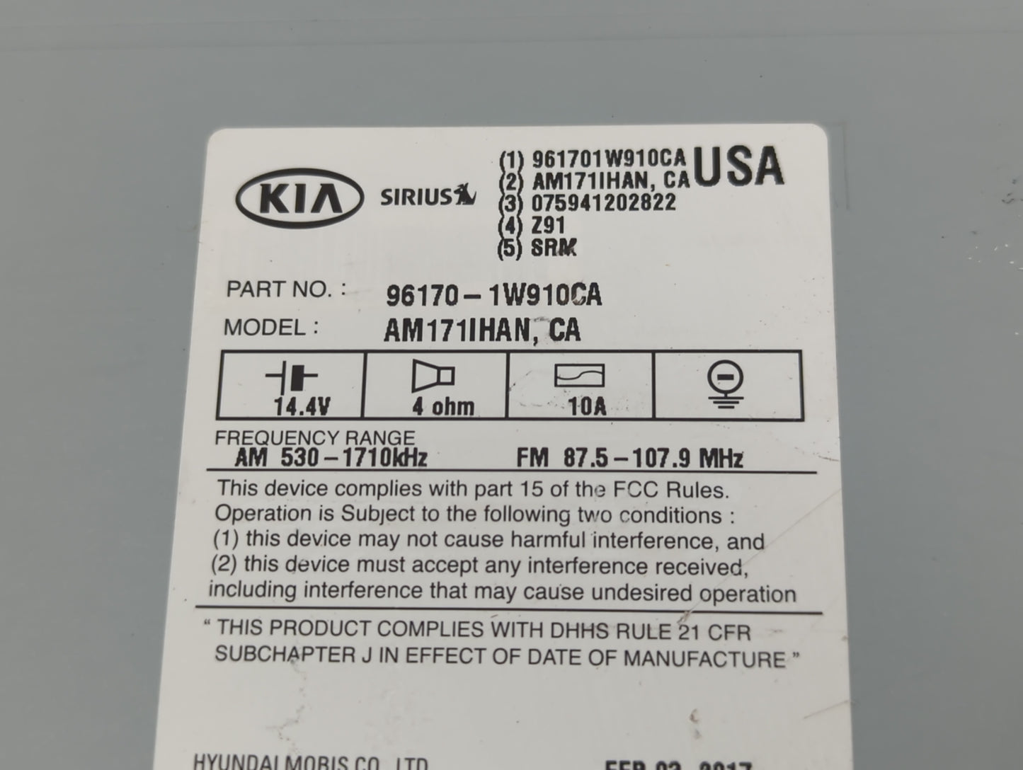 2016-2017 Kia Rio Am Fm Cd Player Radio Receiver - Oemusedautoparts1.com