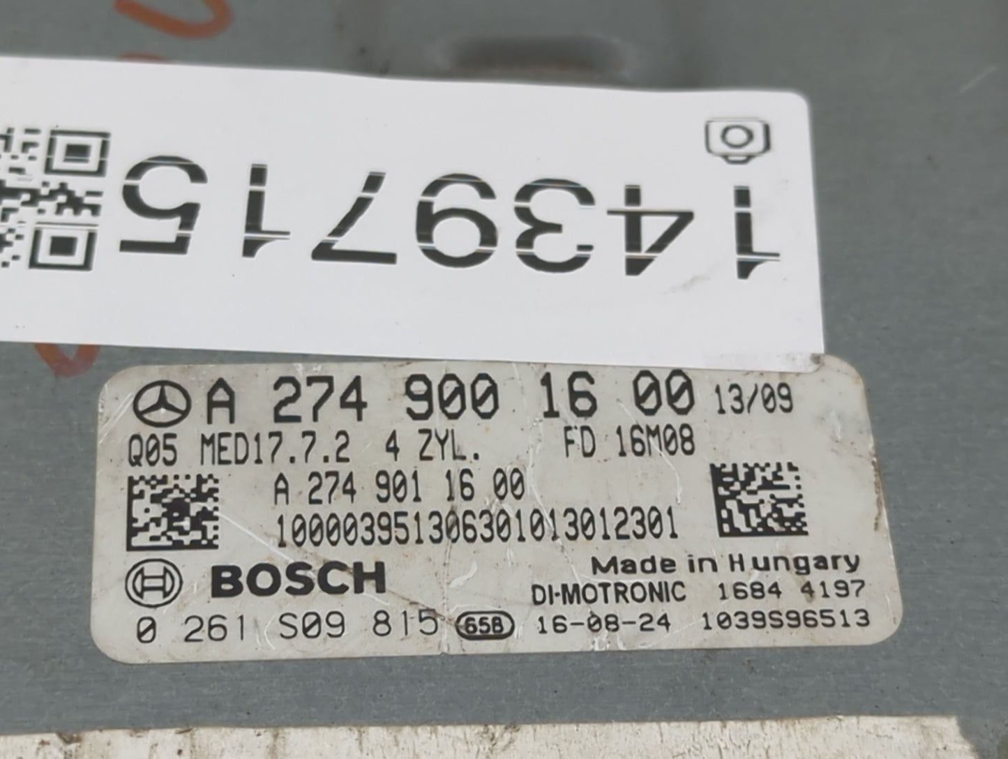 2017 Mercedes-Benz C-Class PCM Engine Control Computer ECU ECM PCU OEM P/N:A 274 900 16 00 A 274 901 16 00 Fits OEM Used Aut