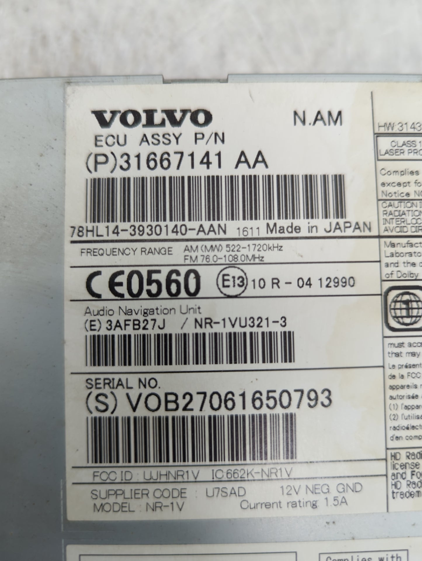 2015 Volvo Xc60 Radio AM FM Cd Player Receiver Replacement P/N:31667141AA 78HL14-3930140-AAN, NR-1VU321-3 Fits Fits 2016 201