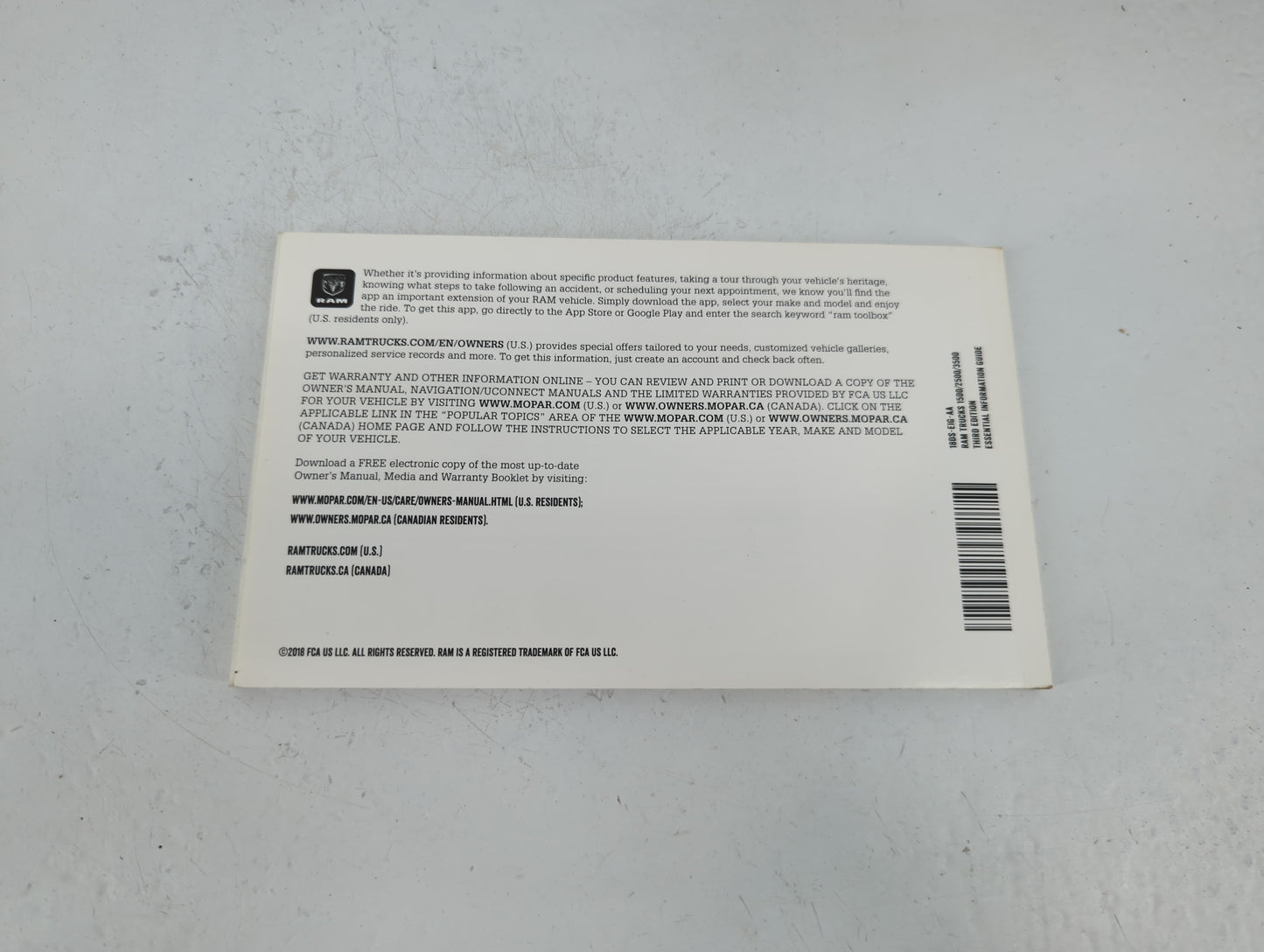 2018 Dodge Ram 1500 Owners Manual Book Guide OEM Used Auto Parts - Oemusedautoparts1.com