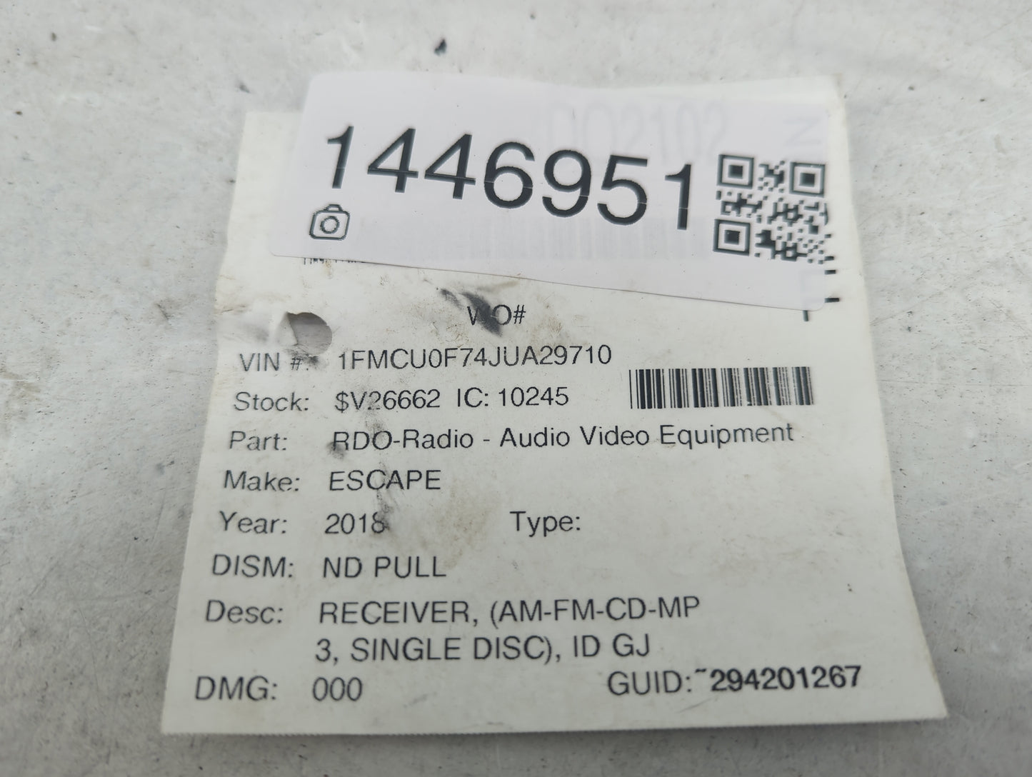 2017-2019 Ford Escape Radio AM FM Cd Player Receiver Replacement P/N:GJ5T-19C107-AE Fits Fits 2017 2018 2019 OEM Used Auto P