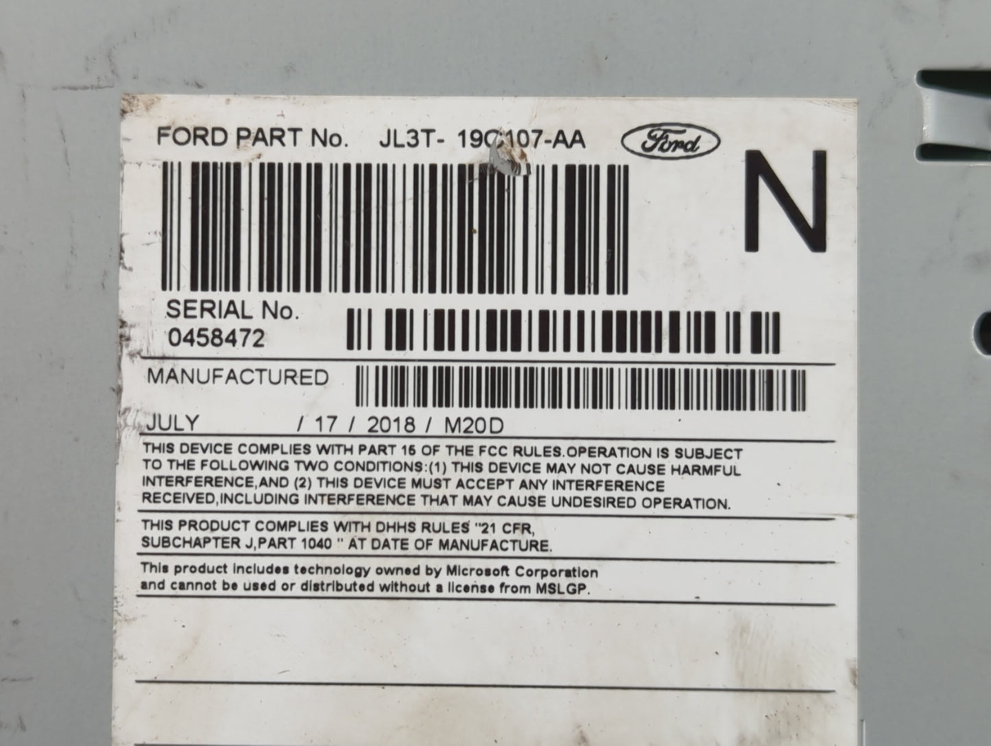 2017-2018 Ford F-150 Radio AM FM Cd Player Receiver Replacement P/N:JL3T-19C107-AA Fits Fits 2017 2018 OEM Used Auto Parts -