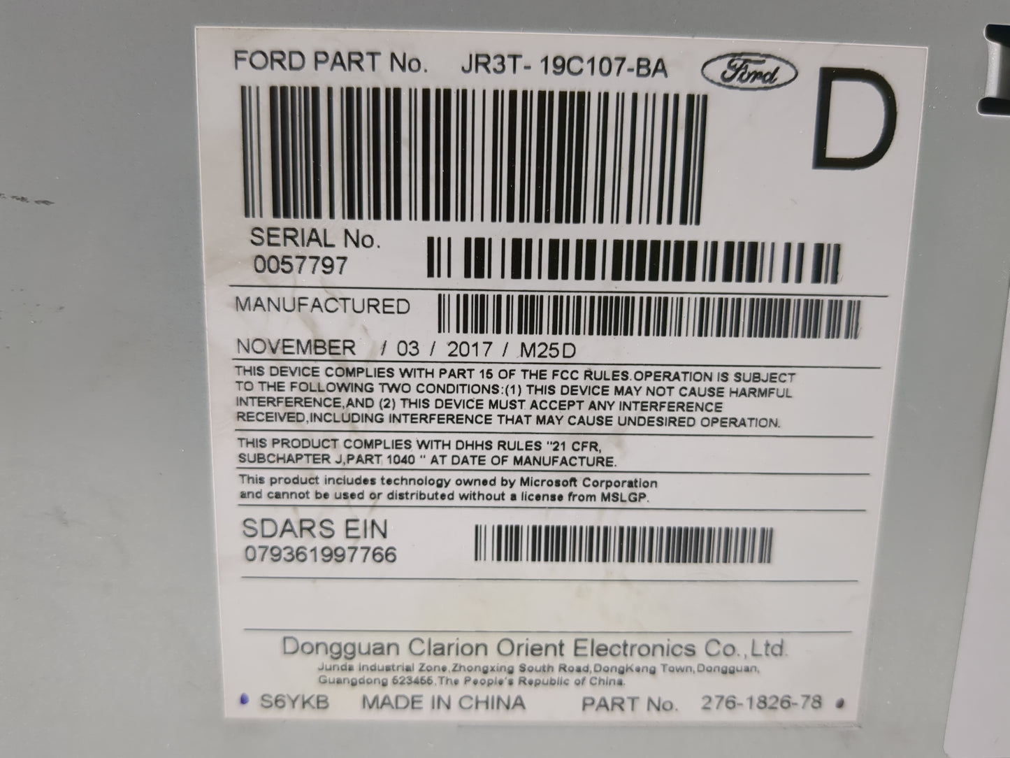 2018 Ford Mustang Radio AM FM Cd Player Receiver Replacement P/N:JR3T-19C107-BA Fits OEM Used Auto Parts - Oemusedautoparts1