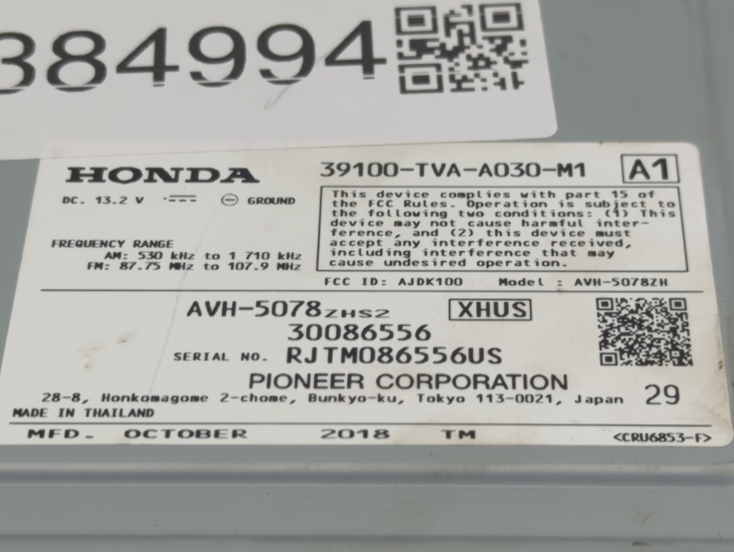 2018-2020 Honda Accord Radio AM FM Cd Player Receiver Replacement P/N:39100-TVA-A030-M1 Fits Fits 2018 2019 2020 OEM Used Au