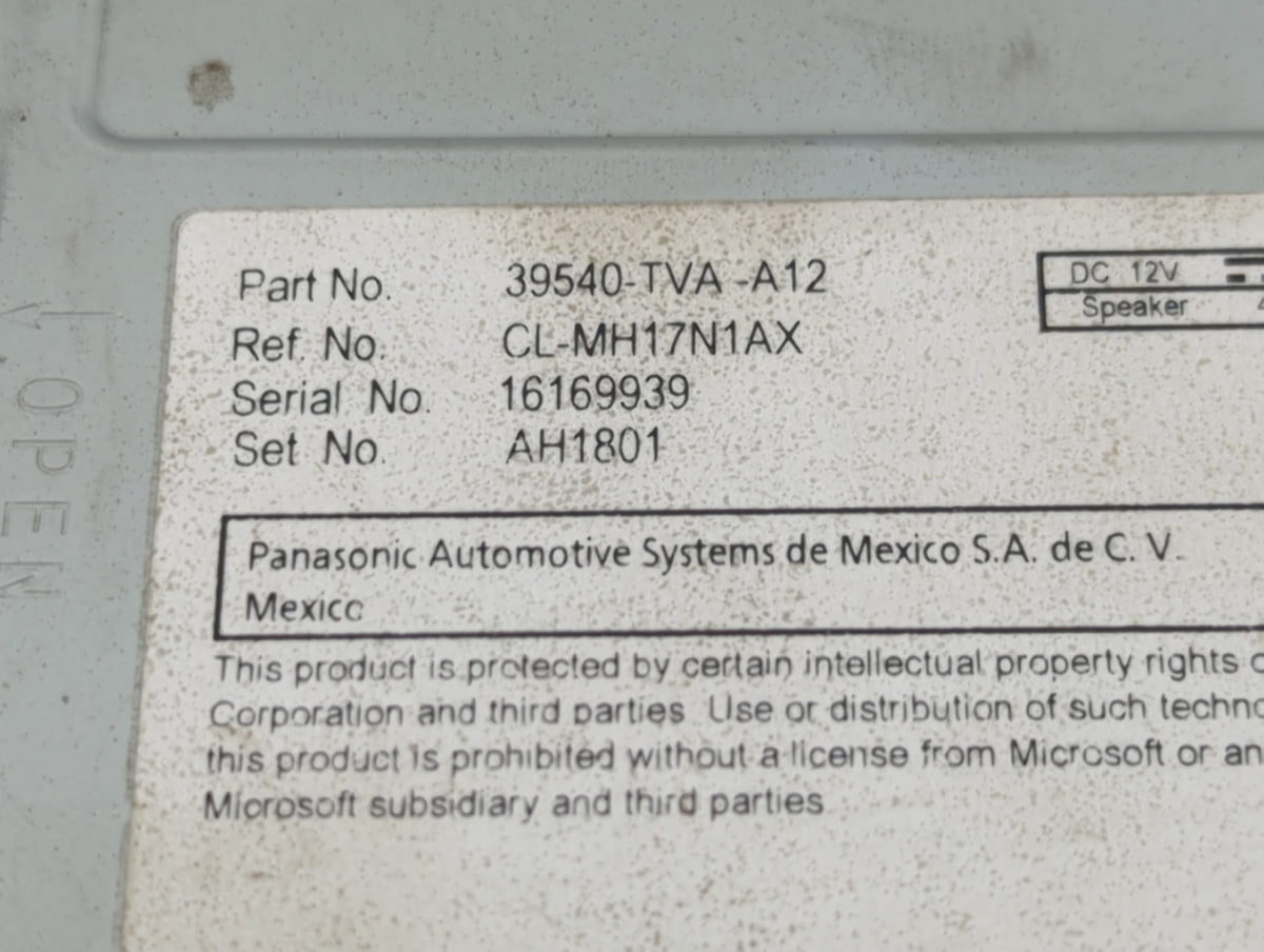 2018-2020 Honda Accord Radio AM FM Cd Player Receiver Replacement P/N:39540-TVA-A12 Fits Fits 2018 2019 2020 OEM Used Auto P