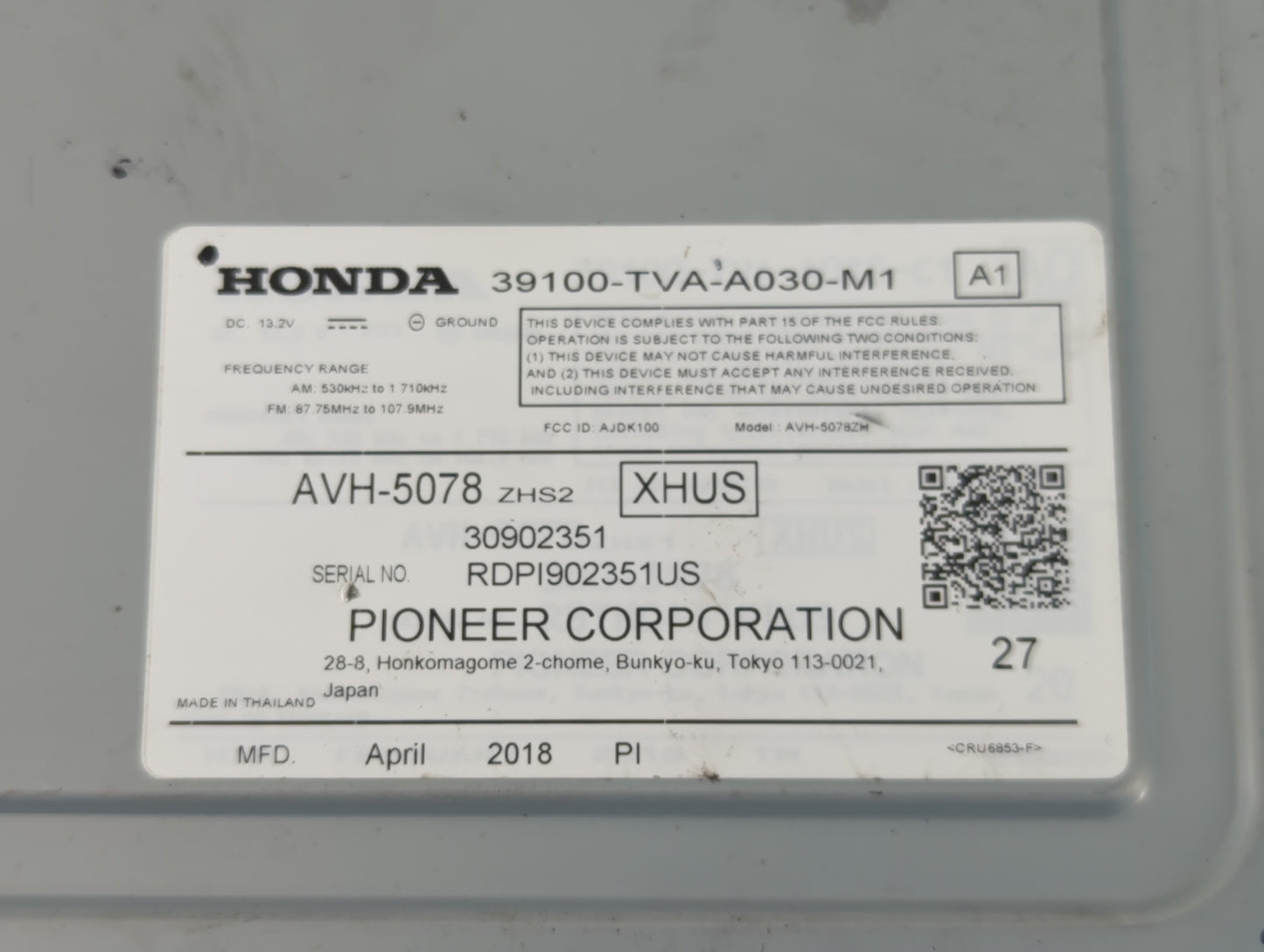 2018-2020 Honda Accord Am Fm Cd Player Radio Receiver - Oemusedautoparts1.com