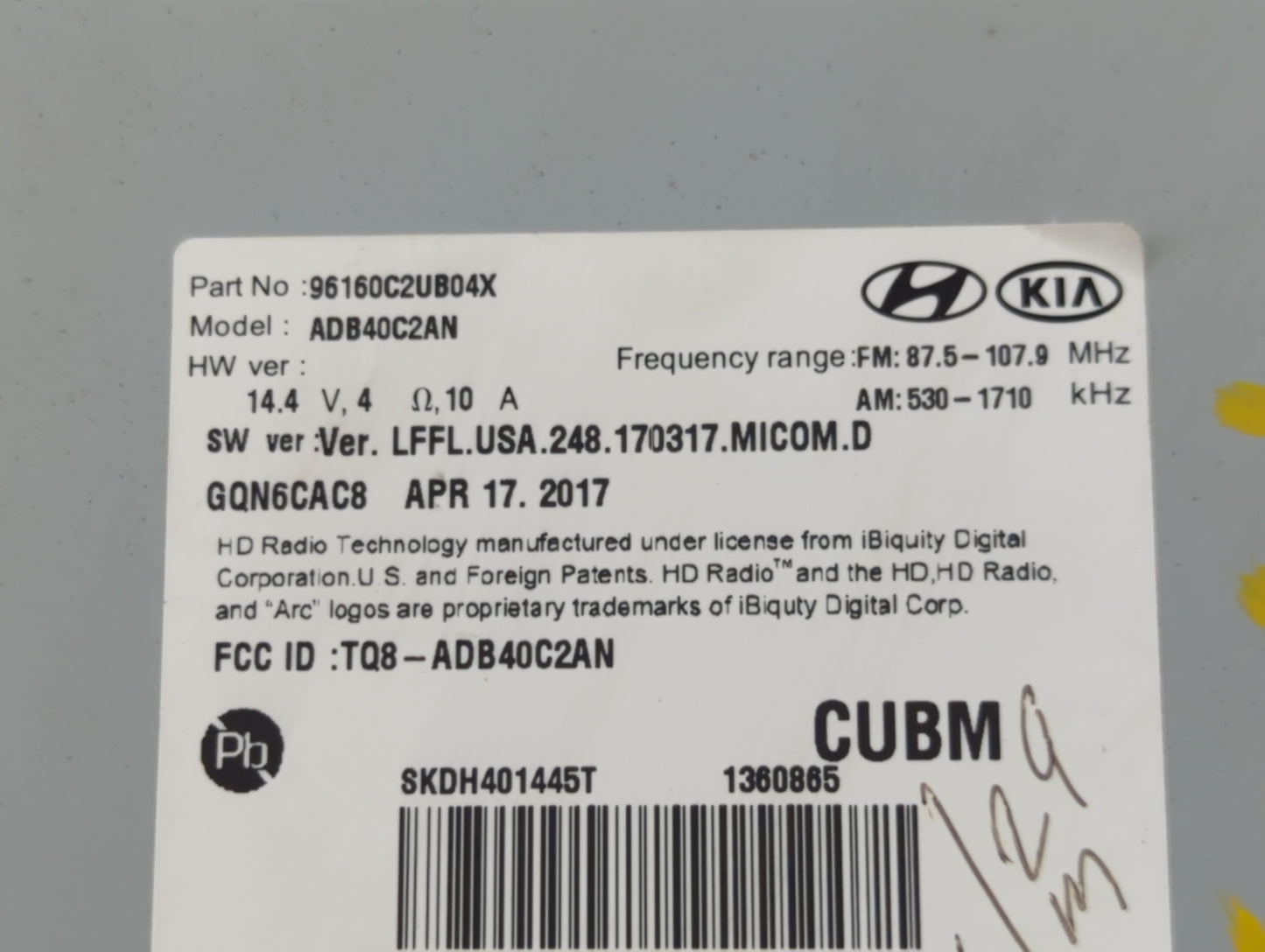 2018-2019 Hyundai Sonata Radio AM FM Cd Player Receiver Replacement P/N:96160C2UB04X Fits Fits 2018 2019 OEM Used Auto Parts