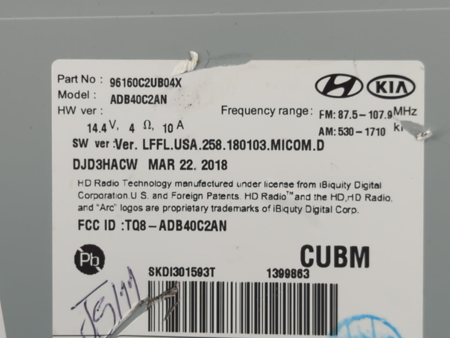 2018-2019 Hyundai Sonata Radio AM FM Cd Player Receiver Replacement P/N:96160C2UB04X Fits Fits 2018 2019 OEM Used Auto Parts