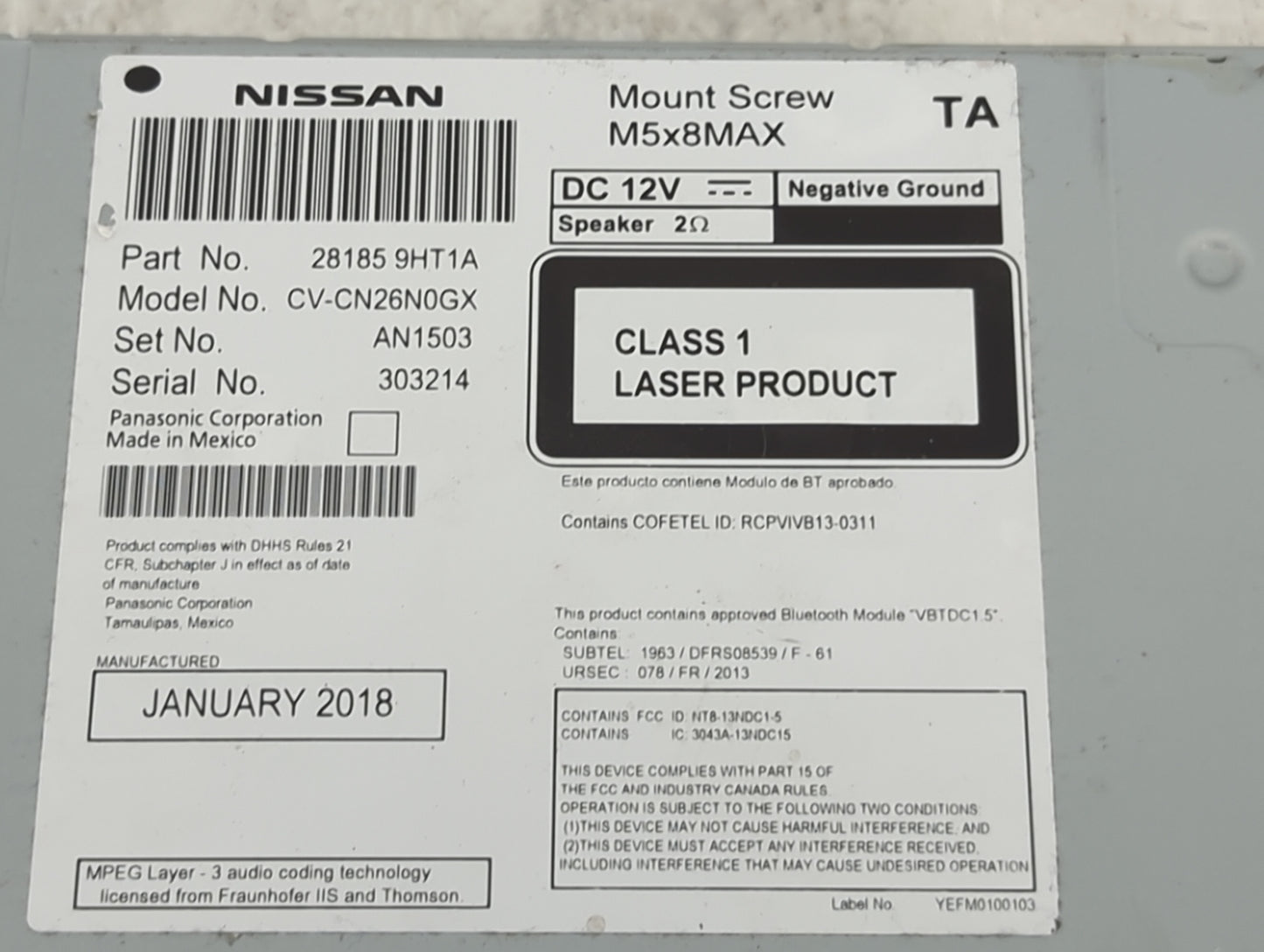 2017-2018 Nissan Altima Radio AM FM Cd Player Receiver Replacement P/N:28185 9HT1A CV-CN26N0GX Fits Fits 2017 2018 OEM Used