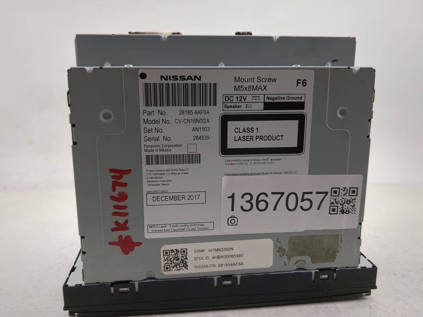 2017-2019 Nissan Sentra Radio AM FM Cd Player Receiver Replacement P/N:28185 4AF6A Fits Fits 2017 2018 2019 OEM Used Auto Pa
