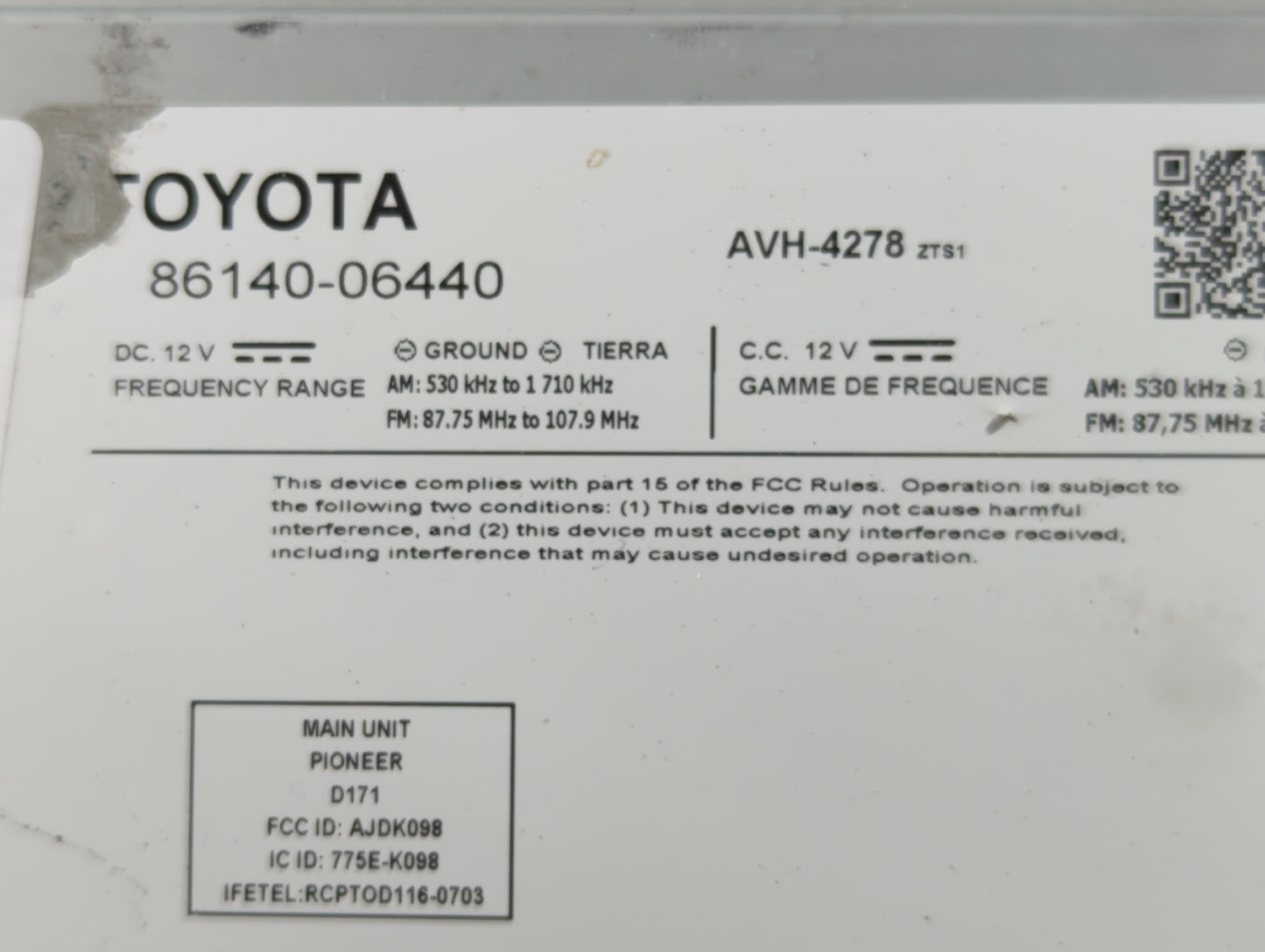 2018 Toyota Camry Radio AM FM Cd Player Receiver Replacement P/N:86140-06440 Fits OEM Used Auto Parts - Oemusedautoparts1.co