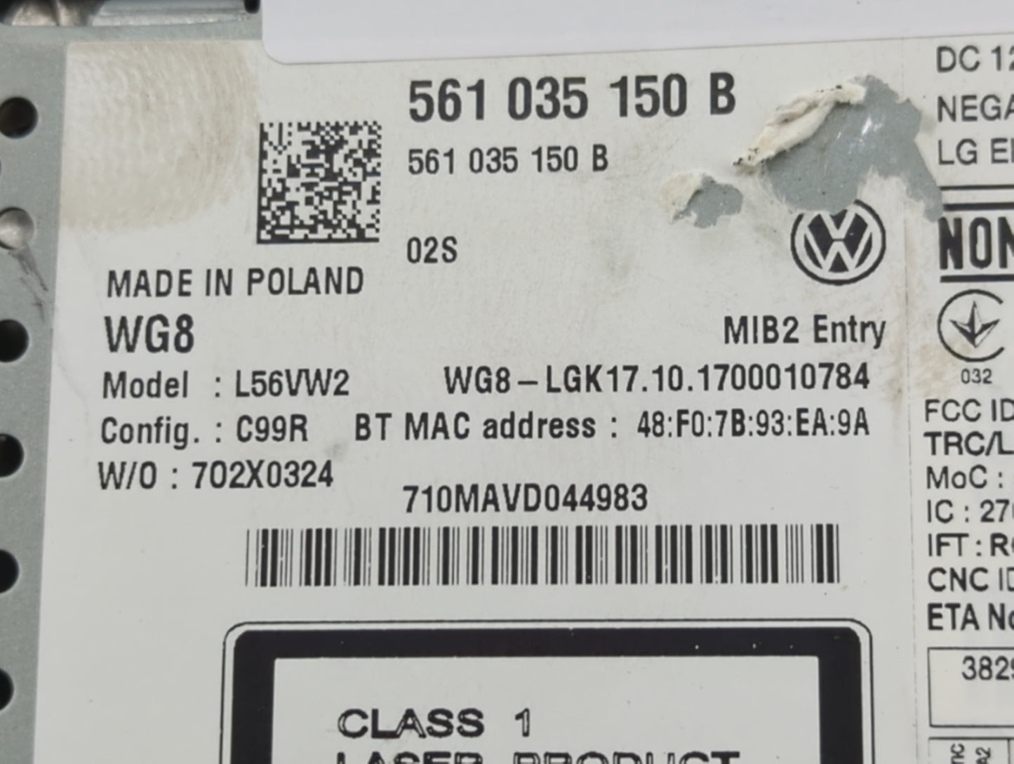 2018 Volkswagen Jetta Radio AM FM Cd Player Receiver Replacement P/N:561 035 150 B Fits Fits 2019 OEM Used Auto Parts - Oemu