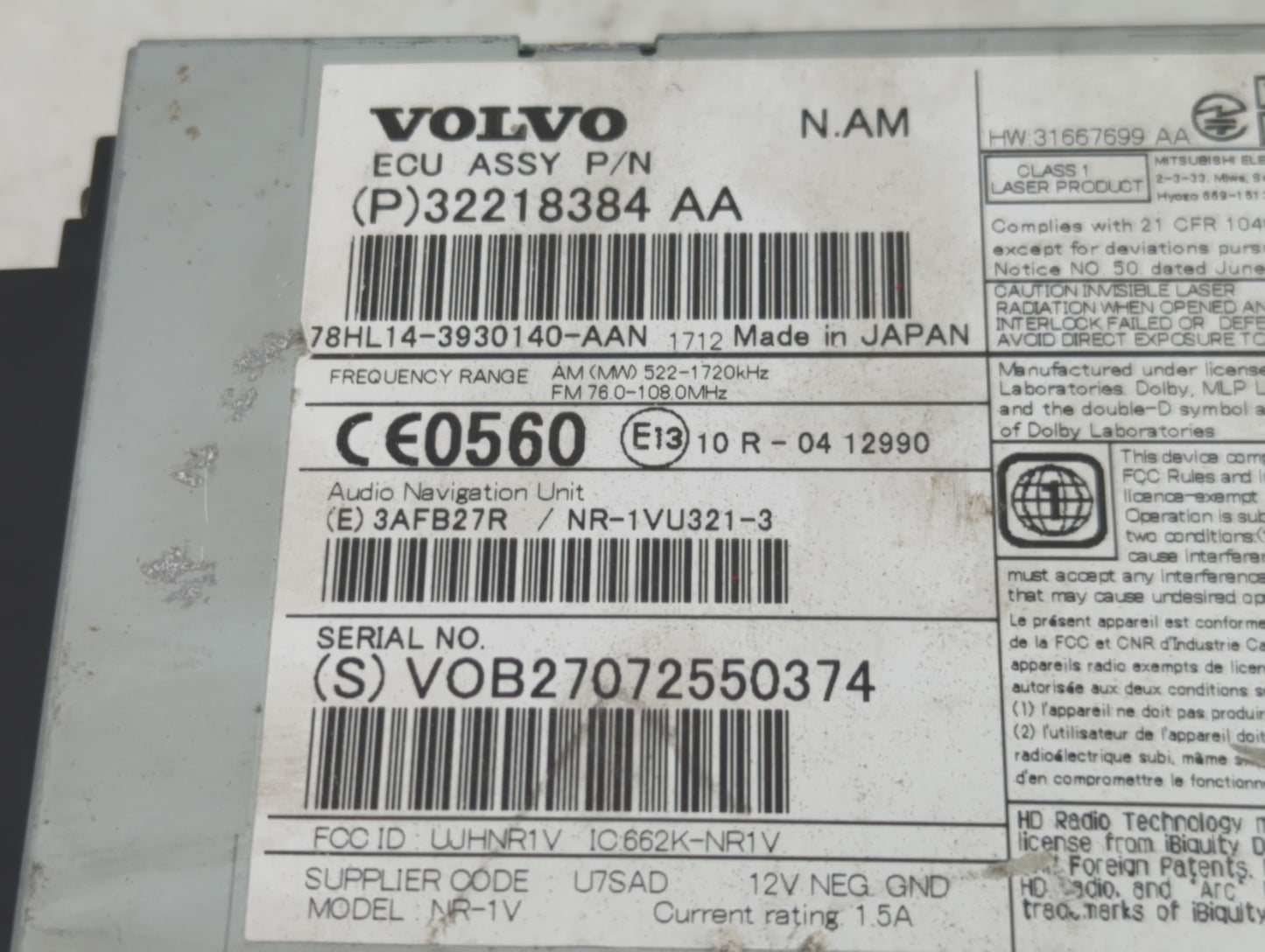2016-2018 Volvo S60 Radio AM FM Cd Player Receiver Replacement P/N:32218384AA 31667699 Fits Fits 2015 2016 2017 2018 OEM Use