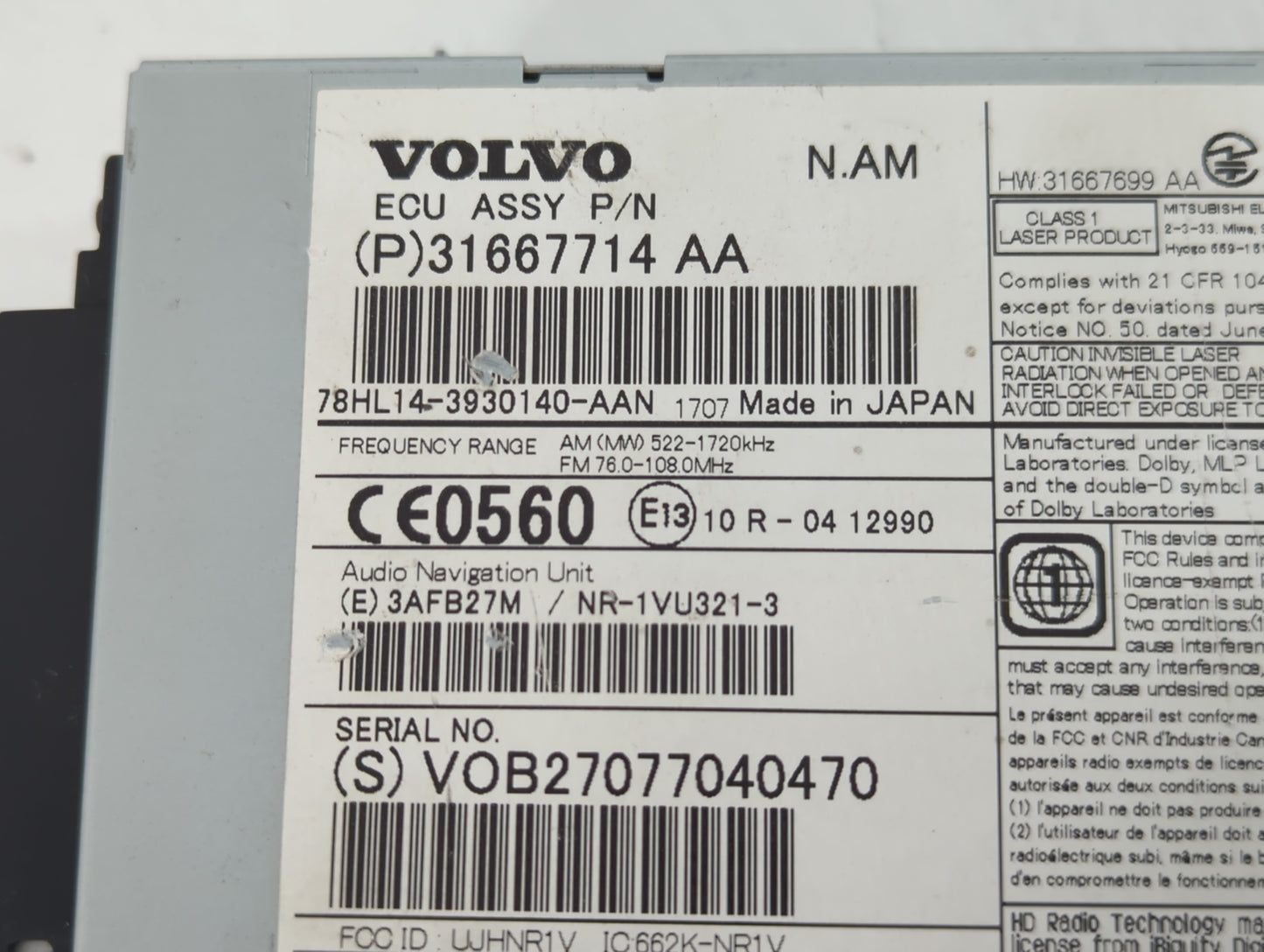 2018-2018 Volvo S60 Am Fm Cd Player Radio Receiver - Oemusedautoparts1.com